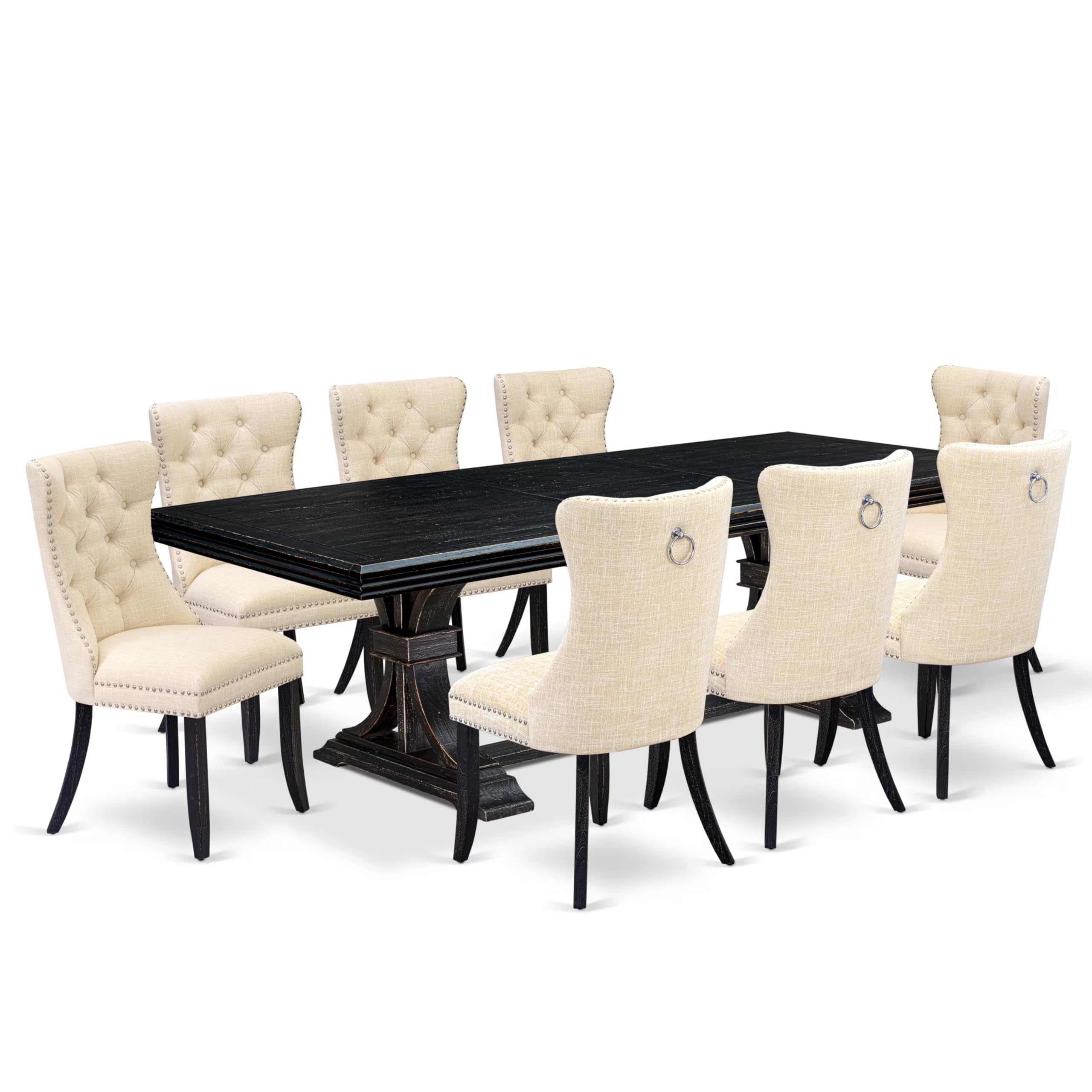 9 piece dining table set of a dinner table and 8 Linen Fabric dining chairs