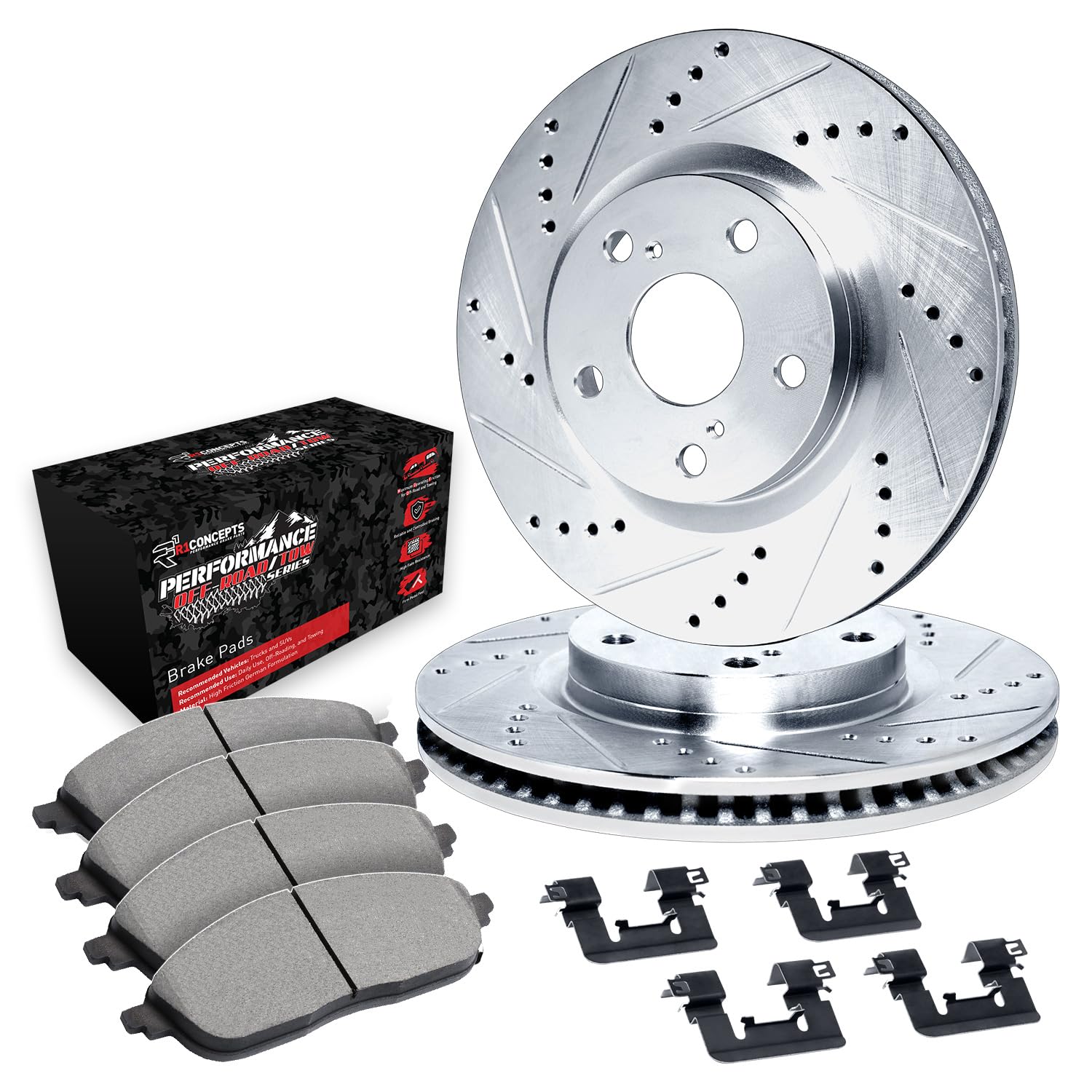 R1 Concepts Drilled and Slotted Silver Disc Brake Rotor Set with Off-Road/Tow Brake Pads and Hardware WGVH1-42018