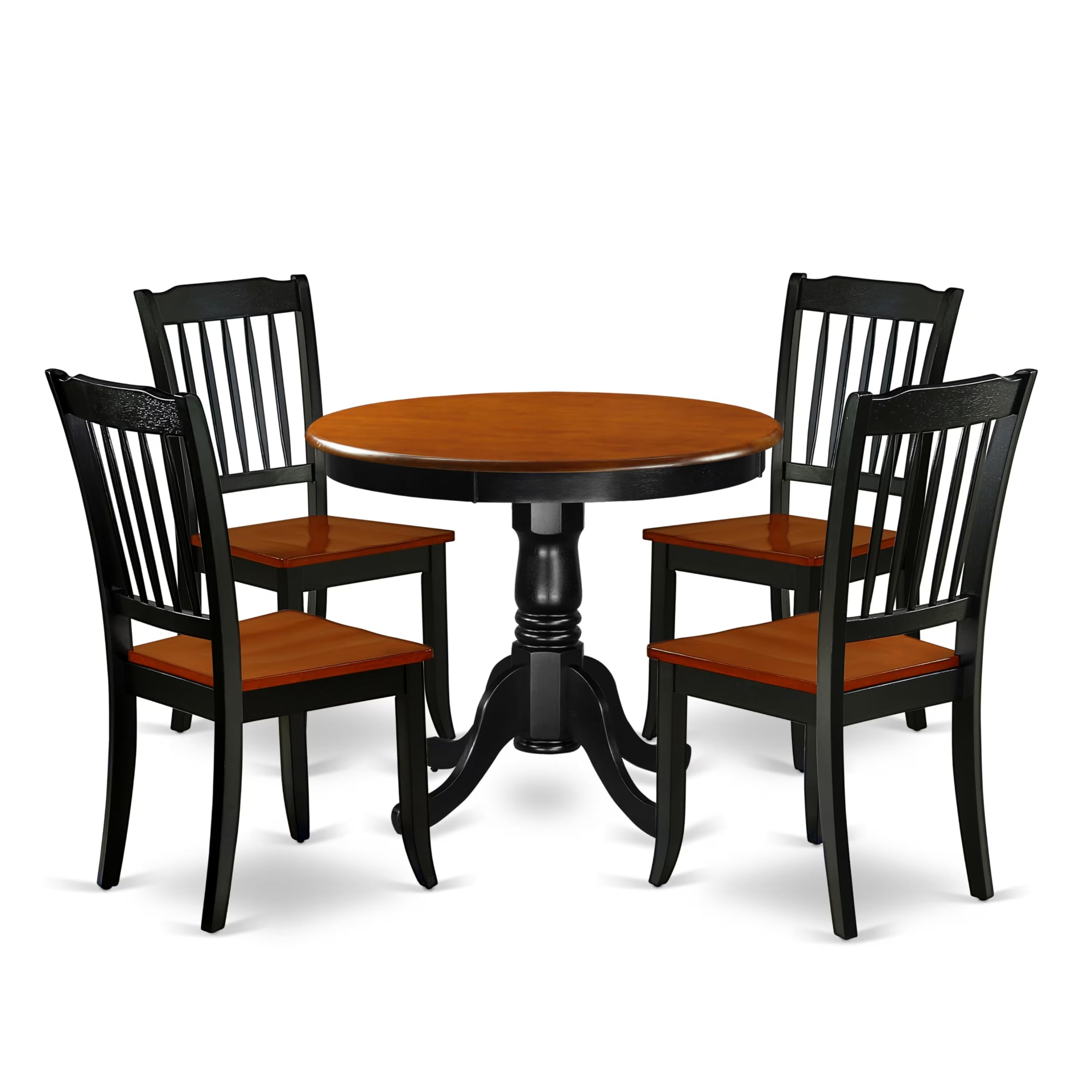 East West Furniture ANDA5-BCH-W Antique 5 Piece Room Set Includes a Round Wooden Table with Pedestal and 4 Kitchen Dining Chairs, 36x36 Inch