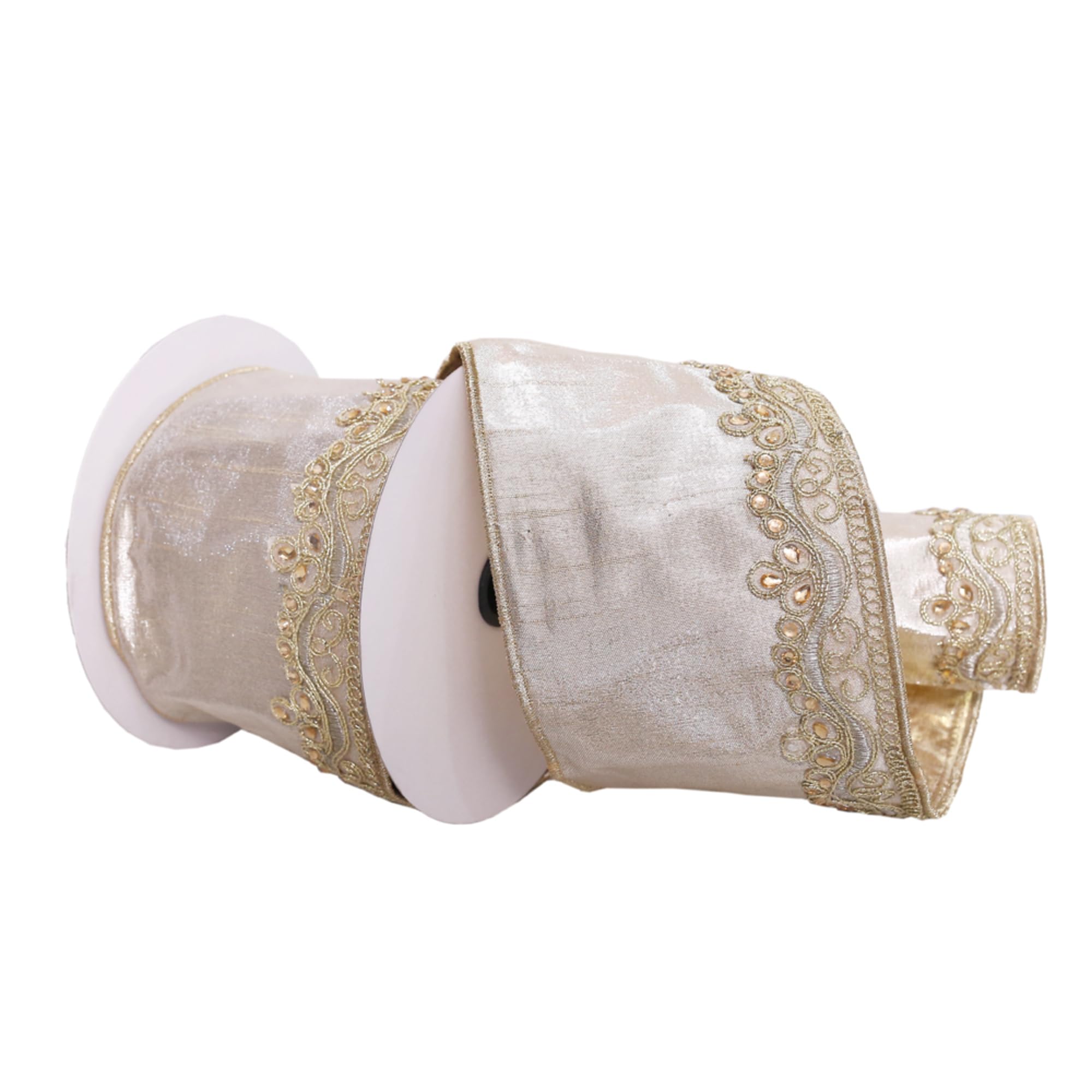 Casafoyer  4” x 5 Yards Champagne with Gold Embroidery One-Side Wired Edge Christmas Ribbon. - (Pack Of 2)