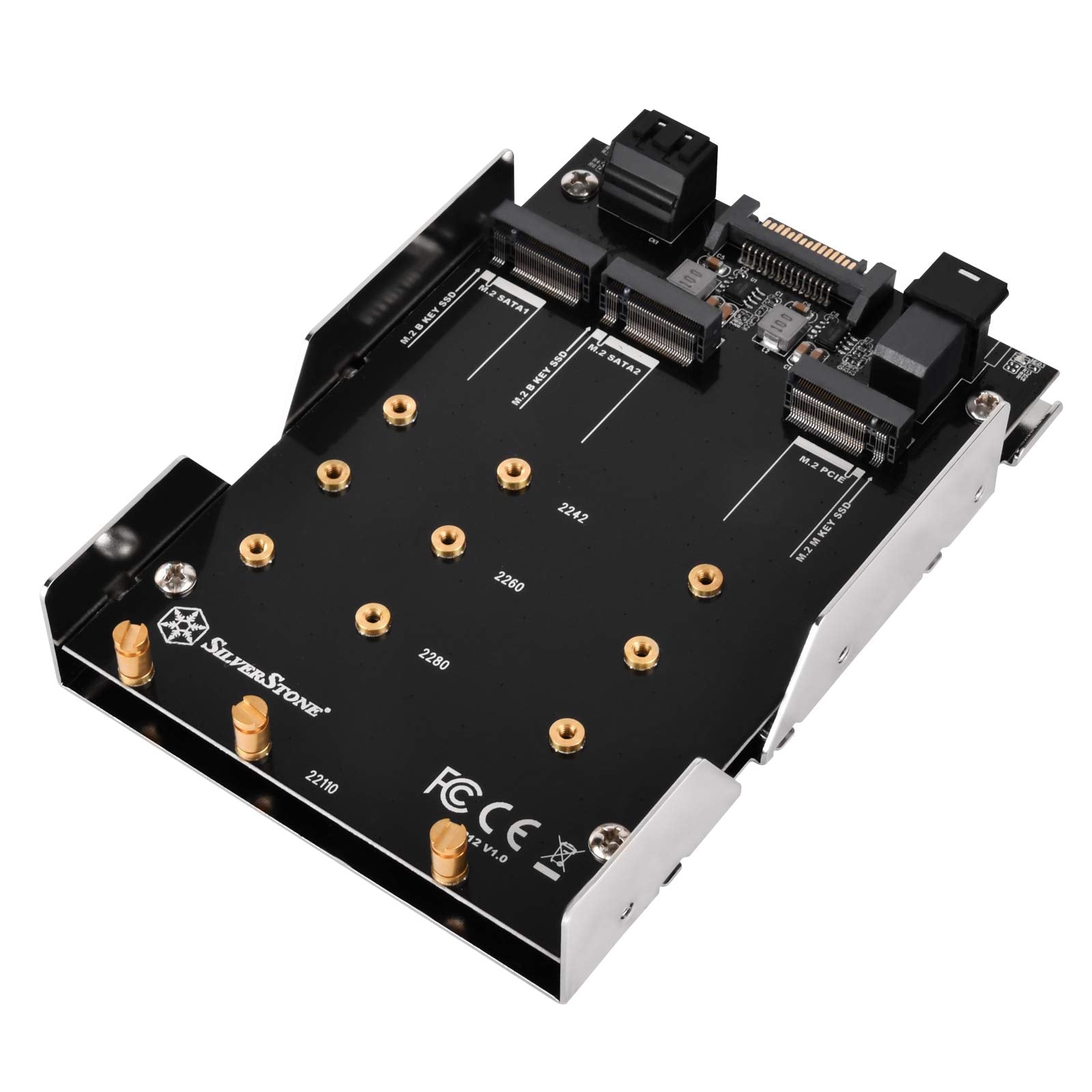 3.5 device bay to two M.2 SATA & one M.2 NVMe SSD adapter with 2x SATA cable includes