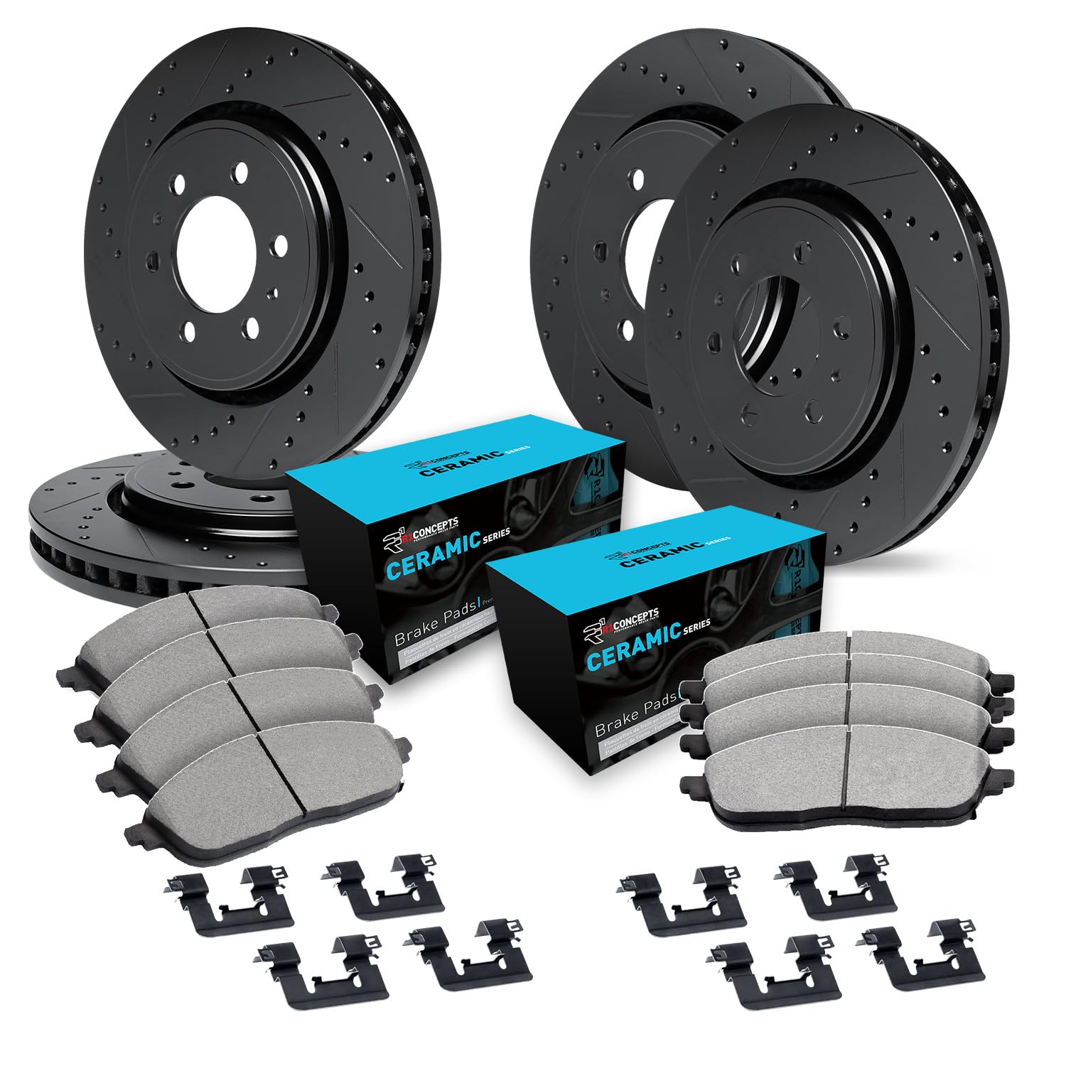 R1 Concepts Drilled and Slotted Black Disc Brake Rotor Set with Ceramic Pads and Hardware WHWH2-54122