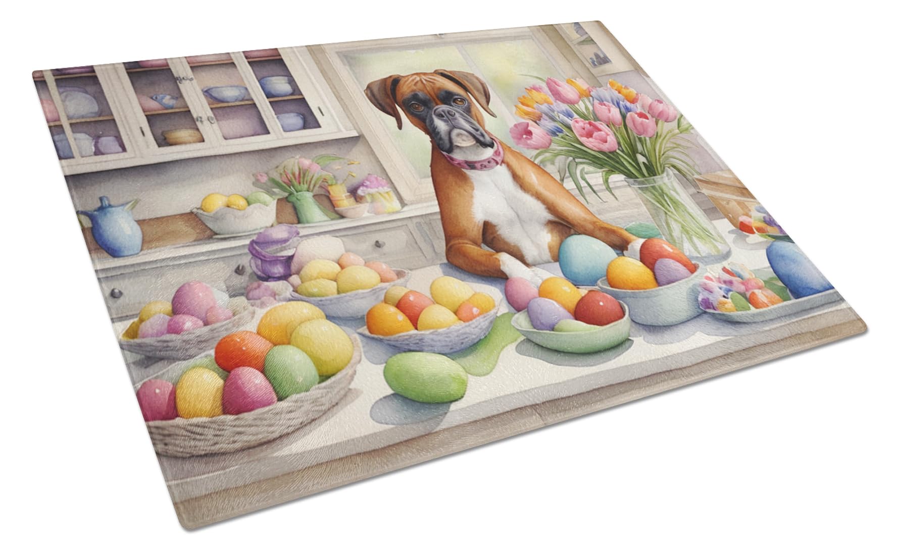 Carolines Treasures DAC6774LCB Decorating Easter Boxer Glass Cutting Board Decorative Tempered Glass Kitchen Cutting and Serving Board Large Size Chopping Board