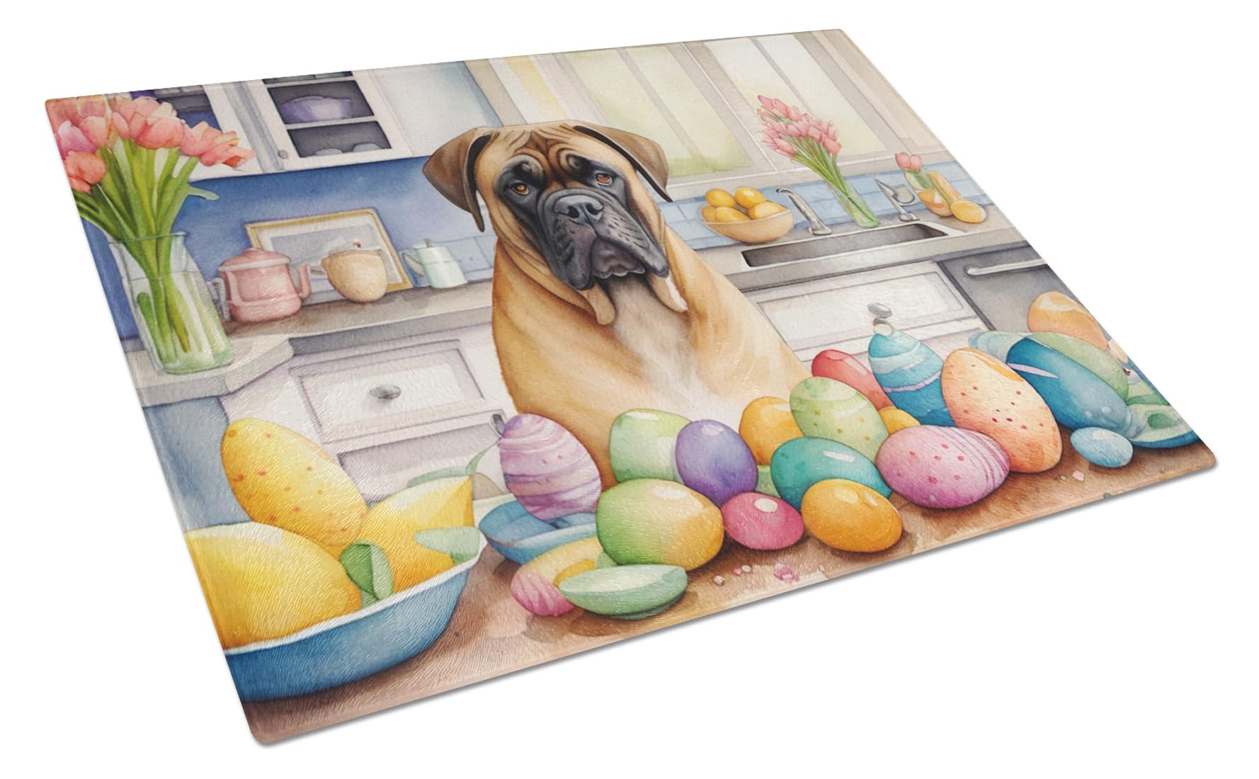Carolines Treasures DAC6779LCB Decorating Easter Bullmastiff Glass Cutting Board Decorative Tempered Glass Kitchen Cutting and Serving Board Large Size Chopping Board