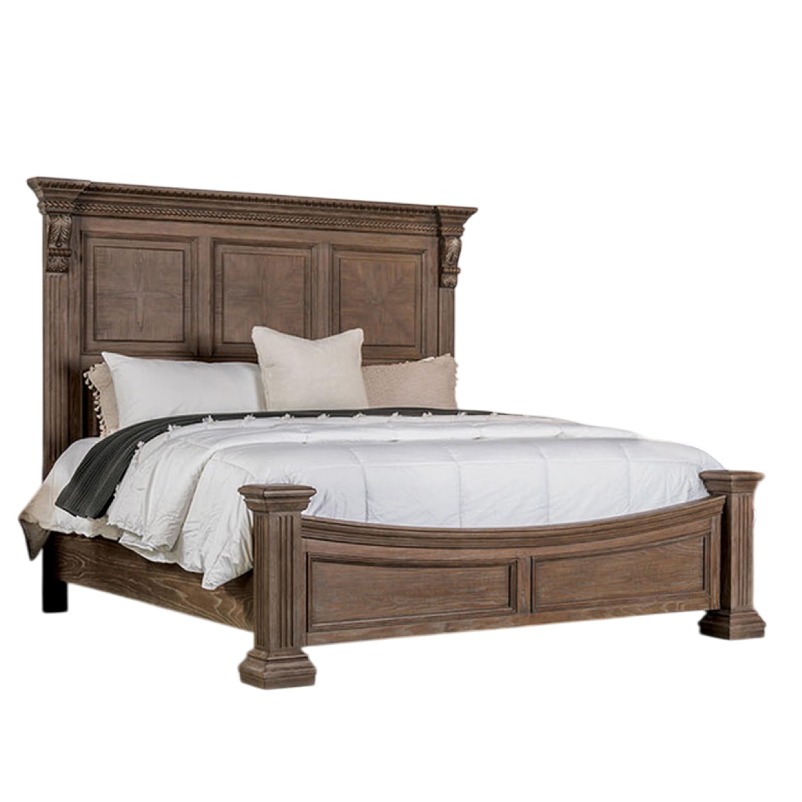 Reven King Bed, Weathered Oak, Solid Wood, Intricate Carved Details