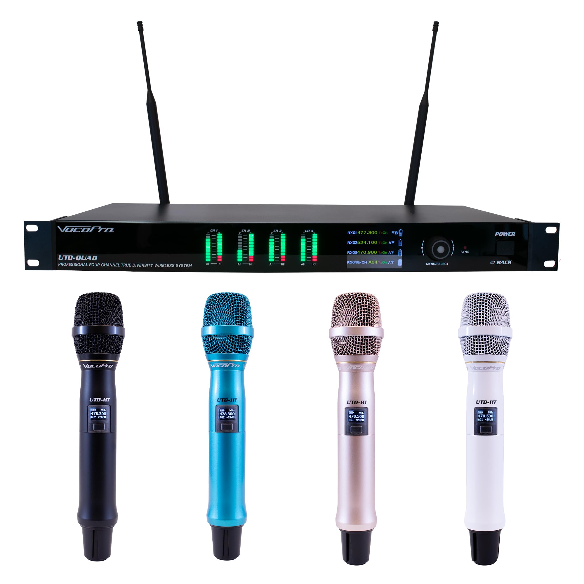 Quad True-Diversity Professional Digital Wireless PLL Microphone System with Four Colored Handheld Microphones