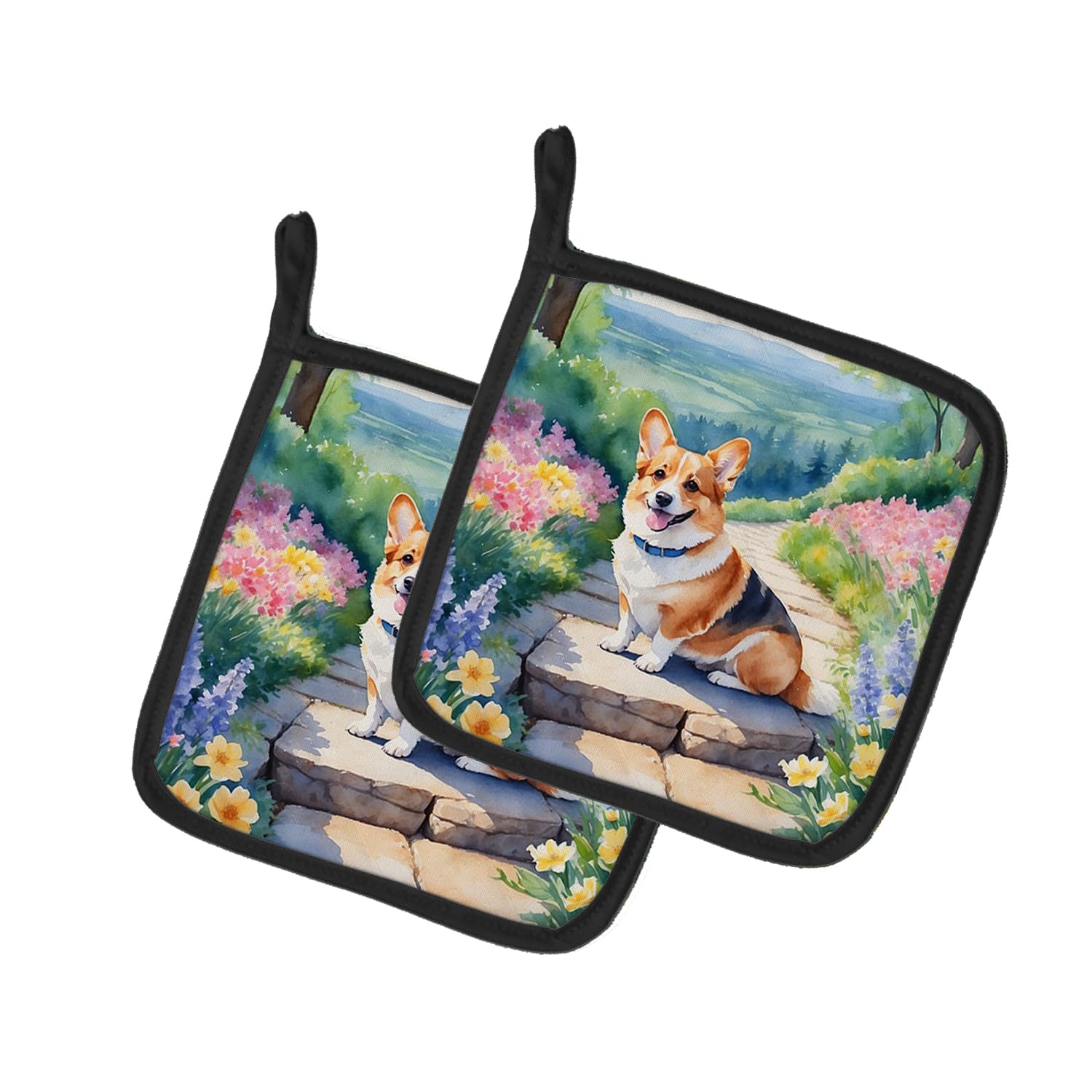 Corgi Spring Path Pair of Pot Holders