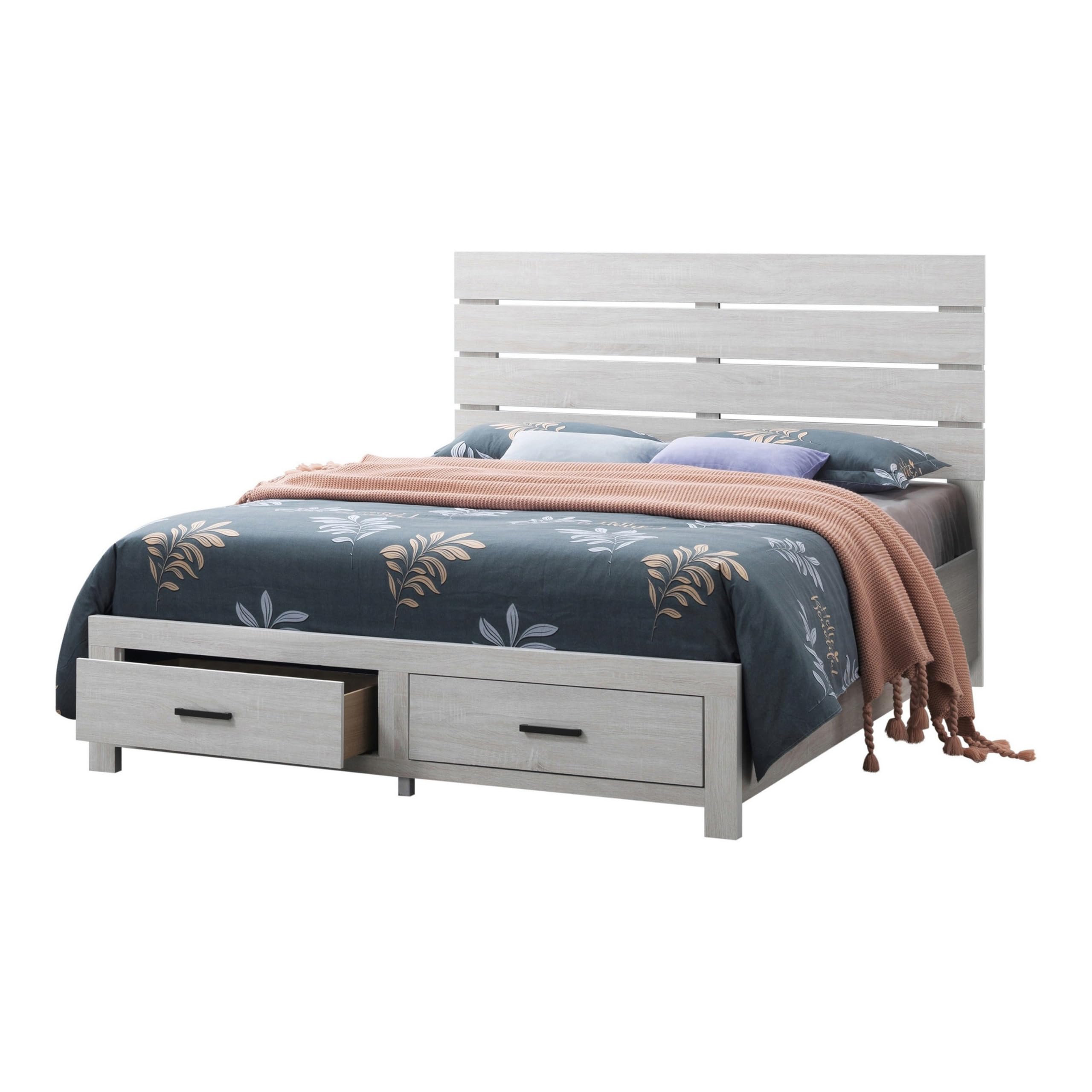 Ach Wood Queen Storage Bed with 2 Drawers, Plank Style Headboard, White
