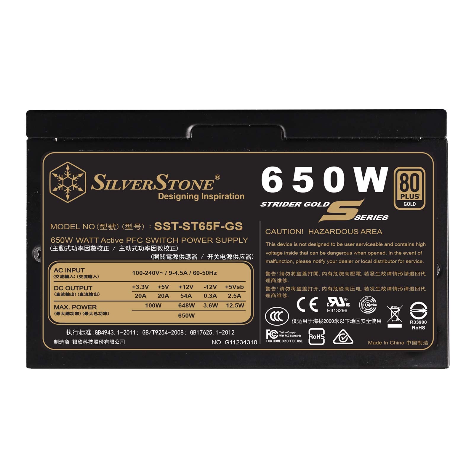 650W, ATX, single +12V rails with 54A output, Silent 120mmFan with 18dBA, efficiency 80Plus Gold certification, fully modular cable, 140mm depth, 4x8/6pin PCI-E