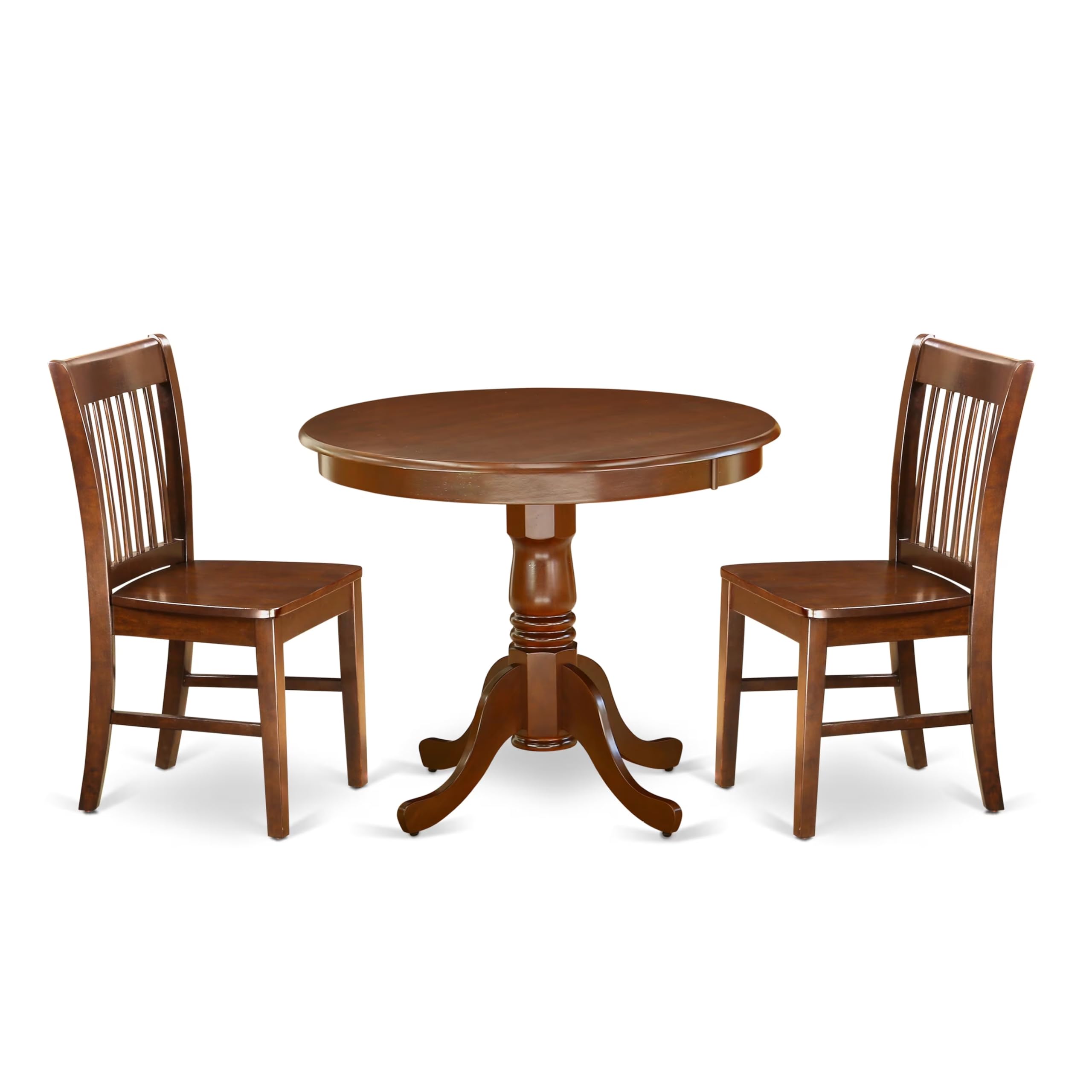 East West Furniture ANNO3-MAH-W 3 Piece Room Set Contains a Round Kitchen Table with Pedestal and 2 Dining Chairs, 36x36 Inch