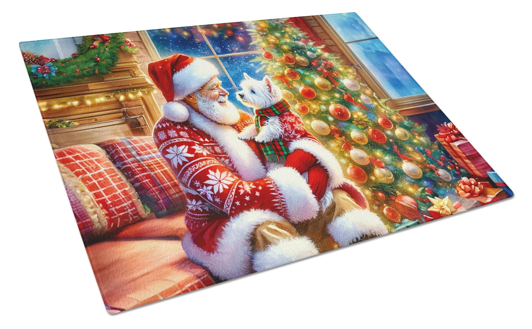Carolines Treasures DAC4167LCB Westie and Santa Claus Glass Cutting Board Decorative Tempered Glass Kitchen Cutting and Serving Board Large Size Chopping Board