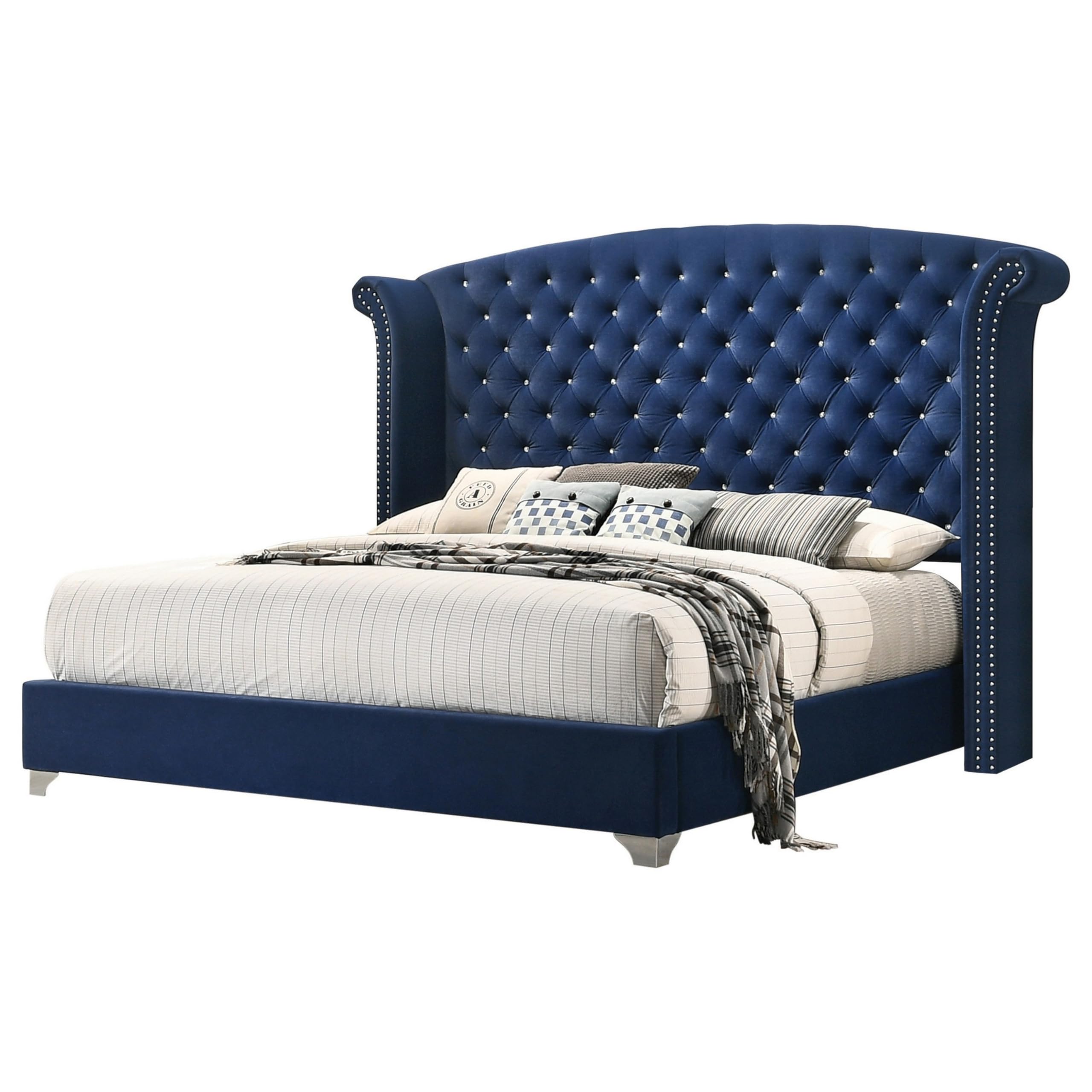 Giya Wingback King Bed, Tufted Headboard, Pacific Blue Velvet Upholstery