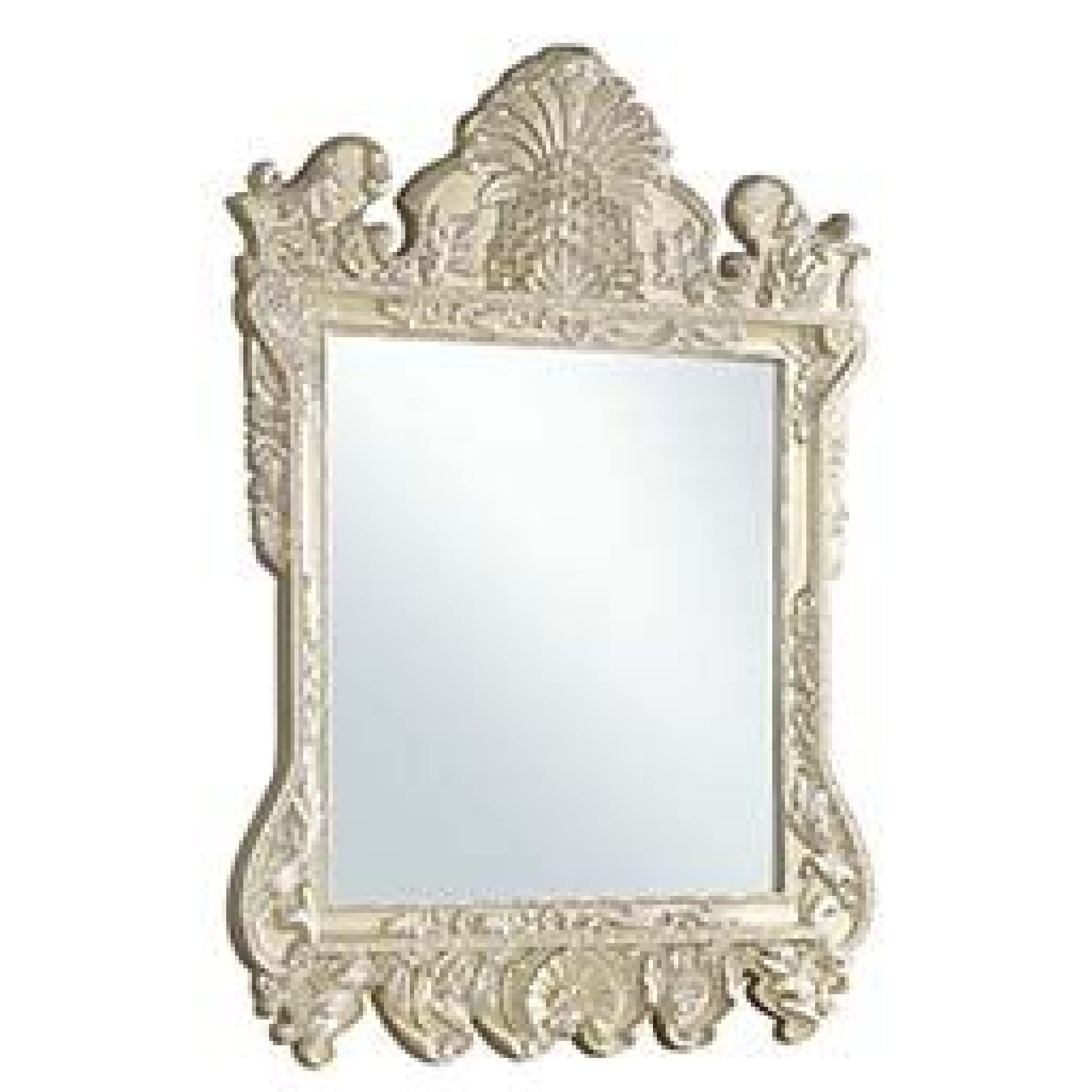 61 Inch Wall Mirror, Oversized Floral Carving, Champagne Silver