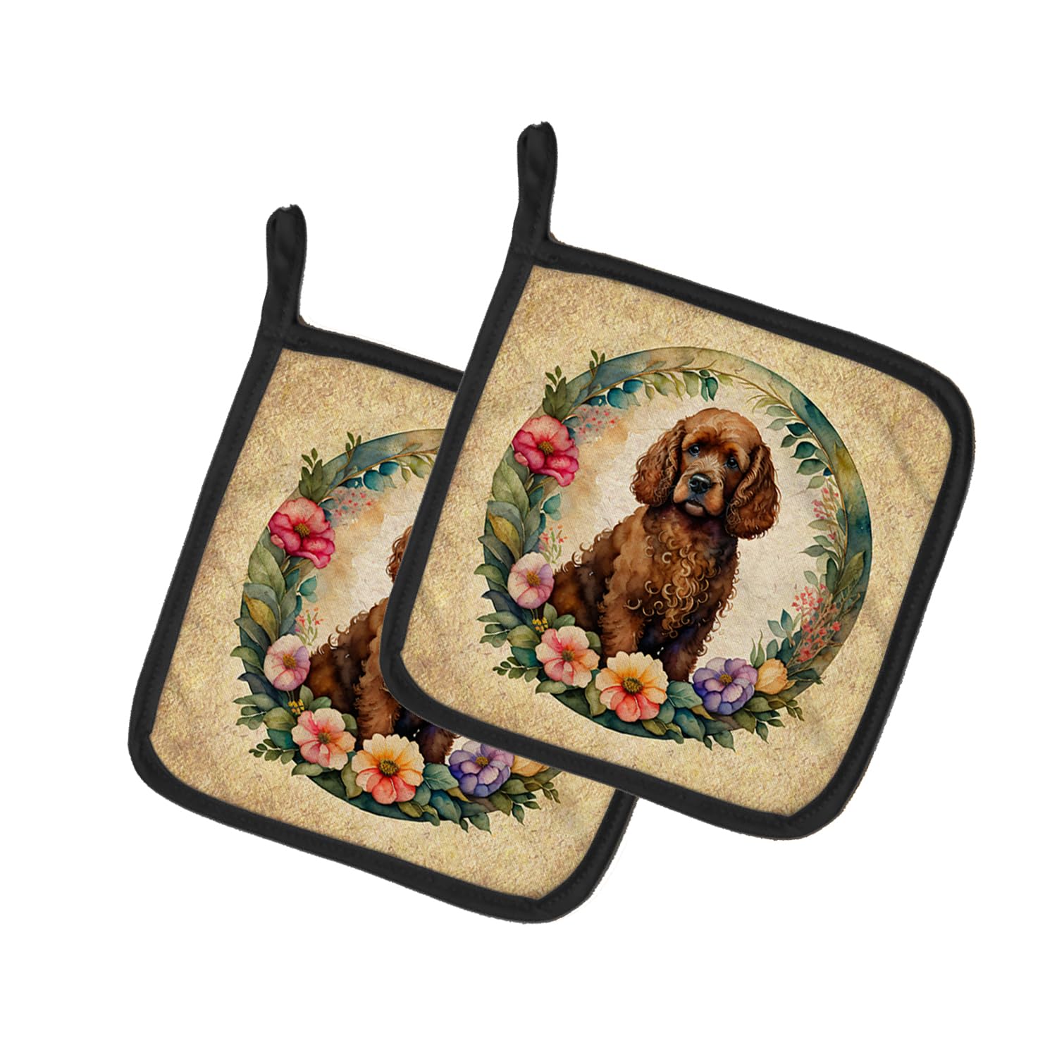 Irish Water Spaniel and Flowers Pair of Pot Holders