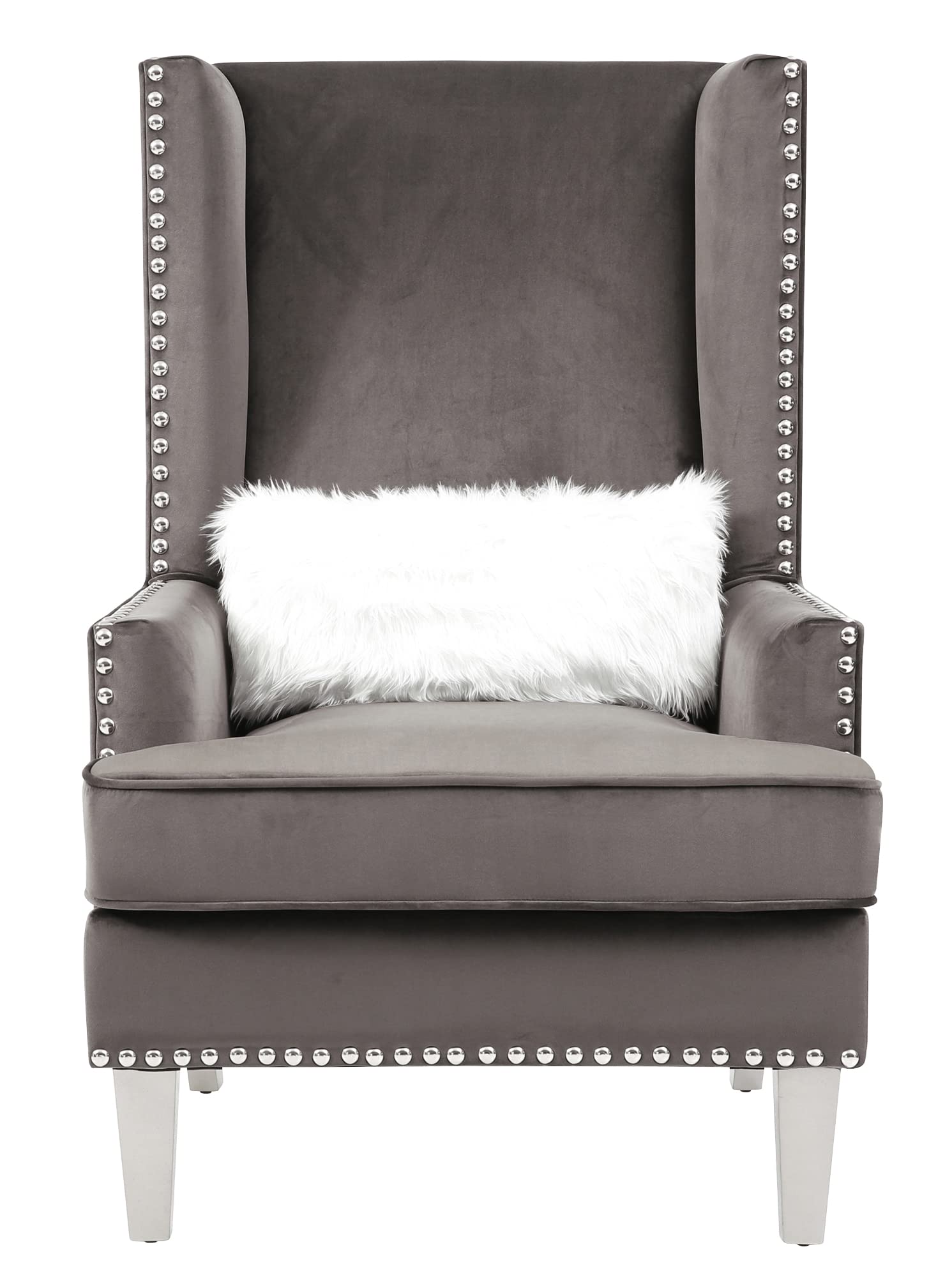 Wilshire Dark Gray High back Velvet Accent Chair with Faux Fur Pillow