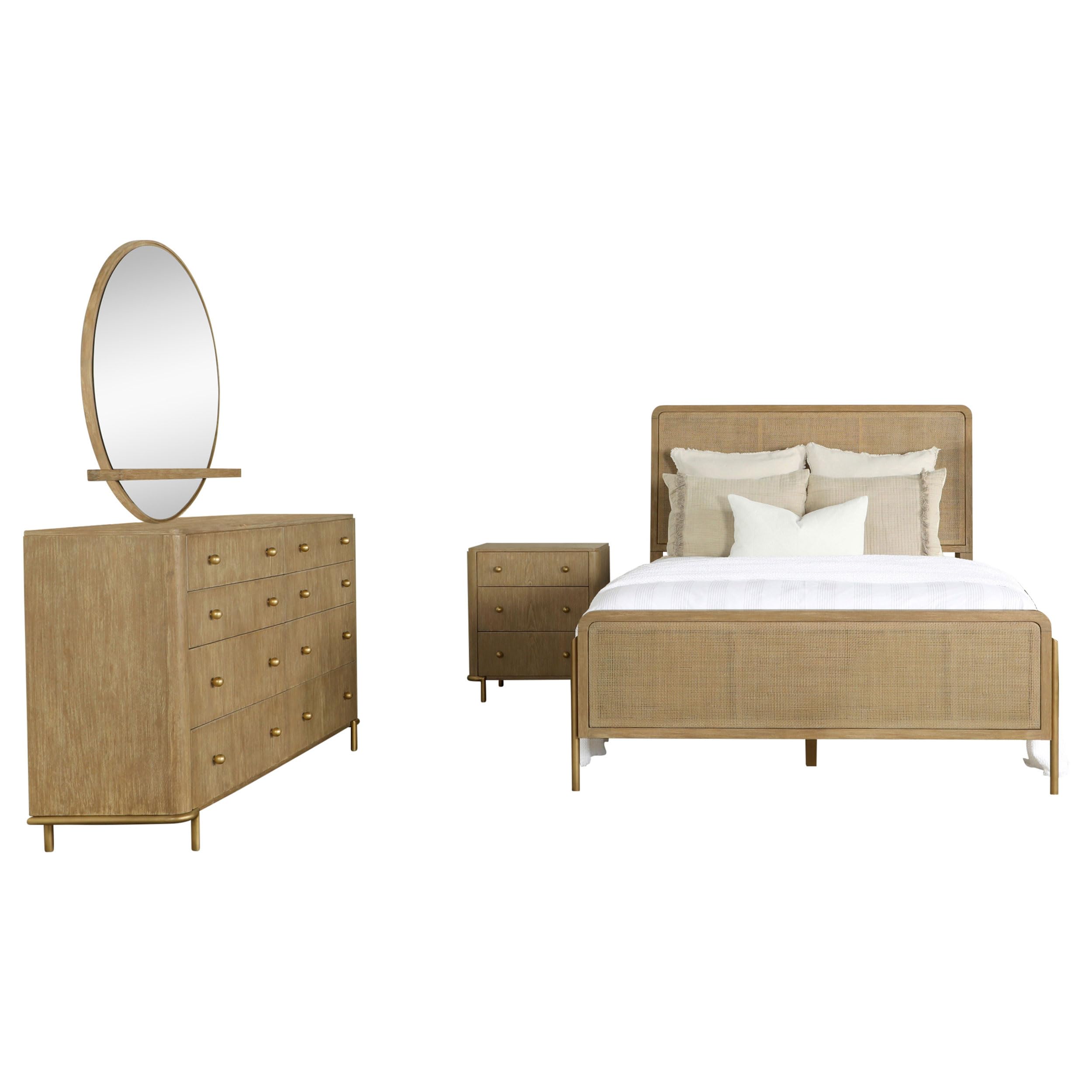 Fij 4pc Queen Bedroom Set w Round Dresser Mirror, Sand Brown, Rattan
