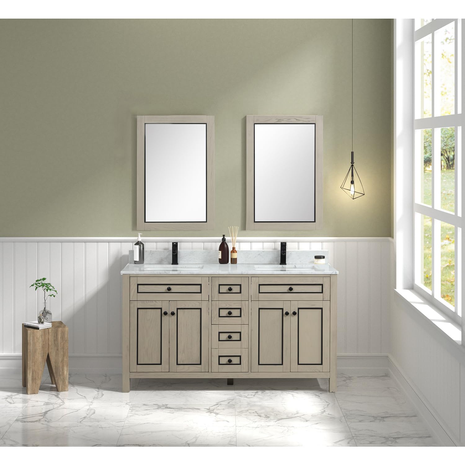 60 LIGHT OAK FINISH SINK VANITY CABINET WITH CARRARA WHITE TOP
