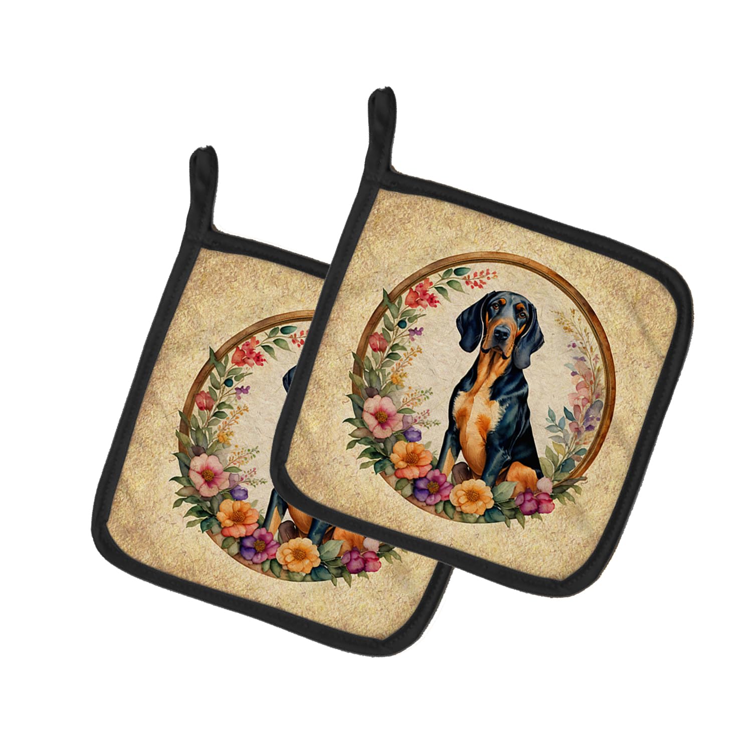 Coonhound and Flowers Pair of Pot Holders