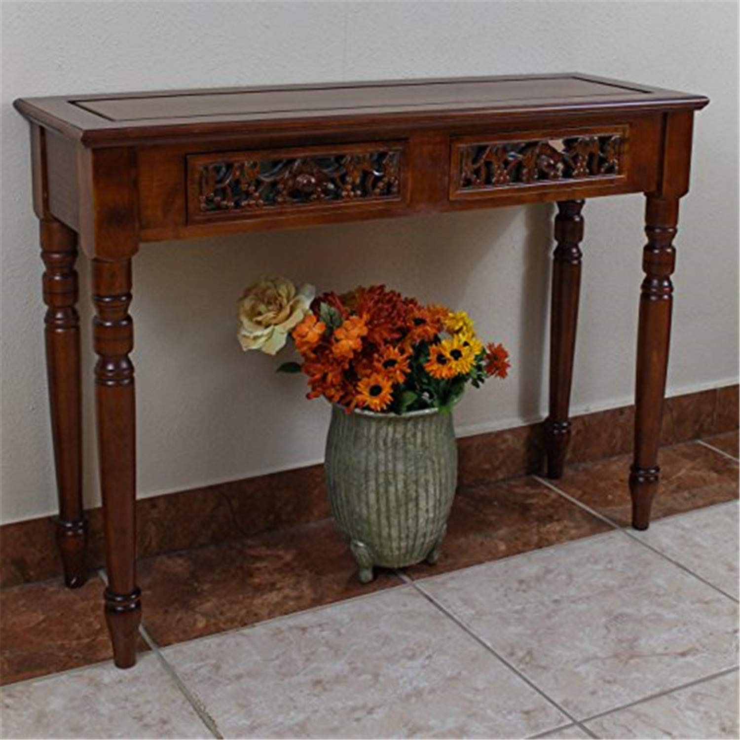 Windsor Carved Wood 2-drawer Table - Walnut