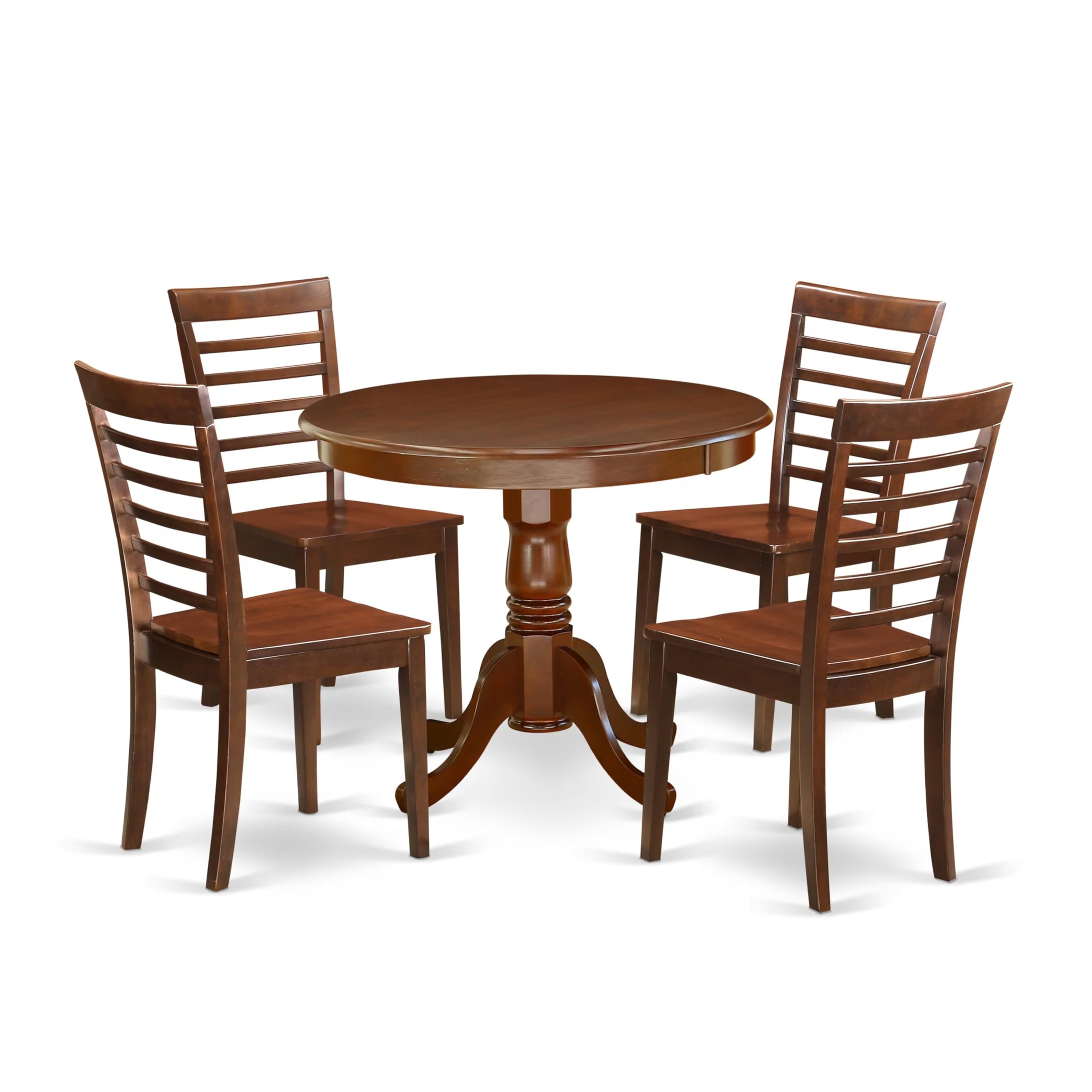 East West Furniture ANML5-MAH-W 5 Piece Kitchen Set Includes a Round Room Table with Pedestal and 4 Dining Chairs, 36x36 Inch, Mahogany