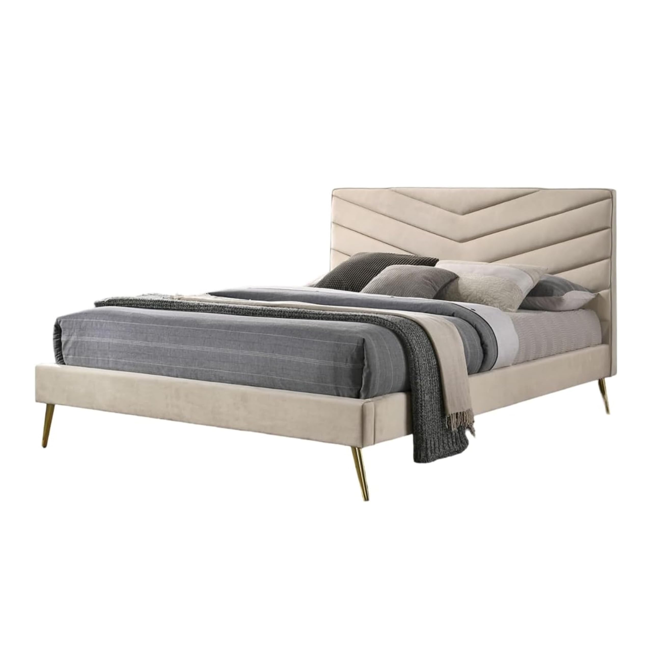 Vevy Full Size Bed, Chevron Tufted Beige Flannelette Upholstery