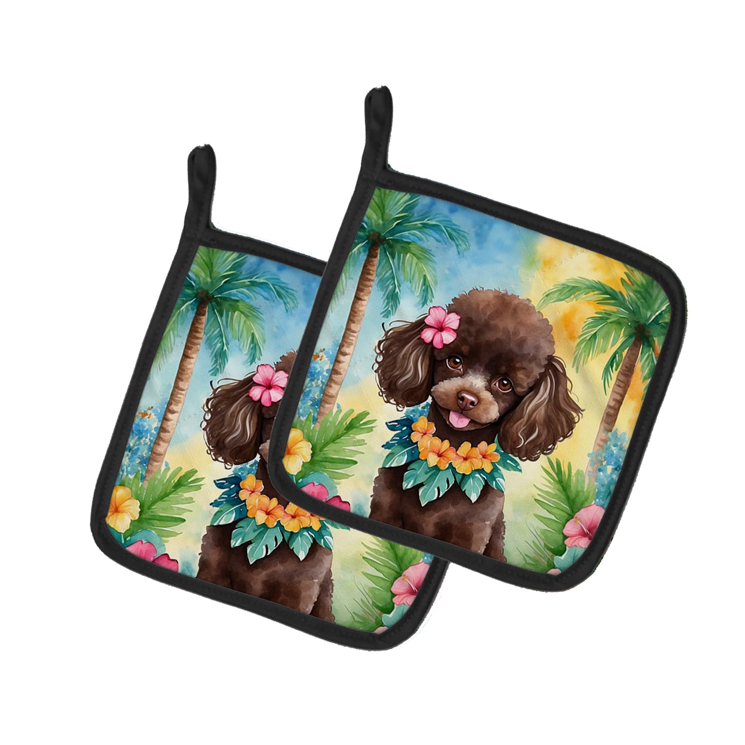 Chocolate Poodle Luau Pair of Pot Holders