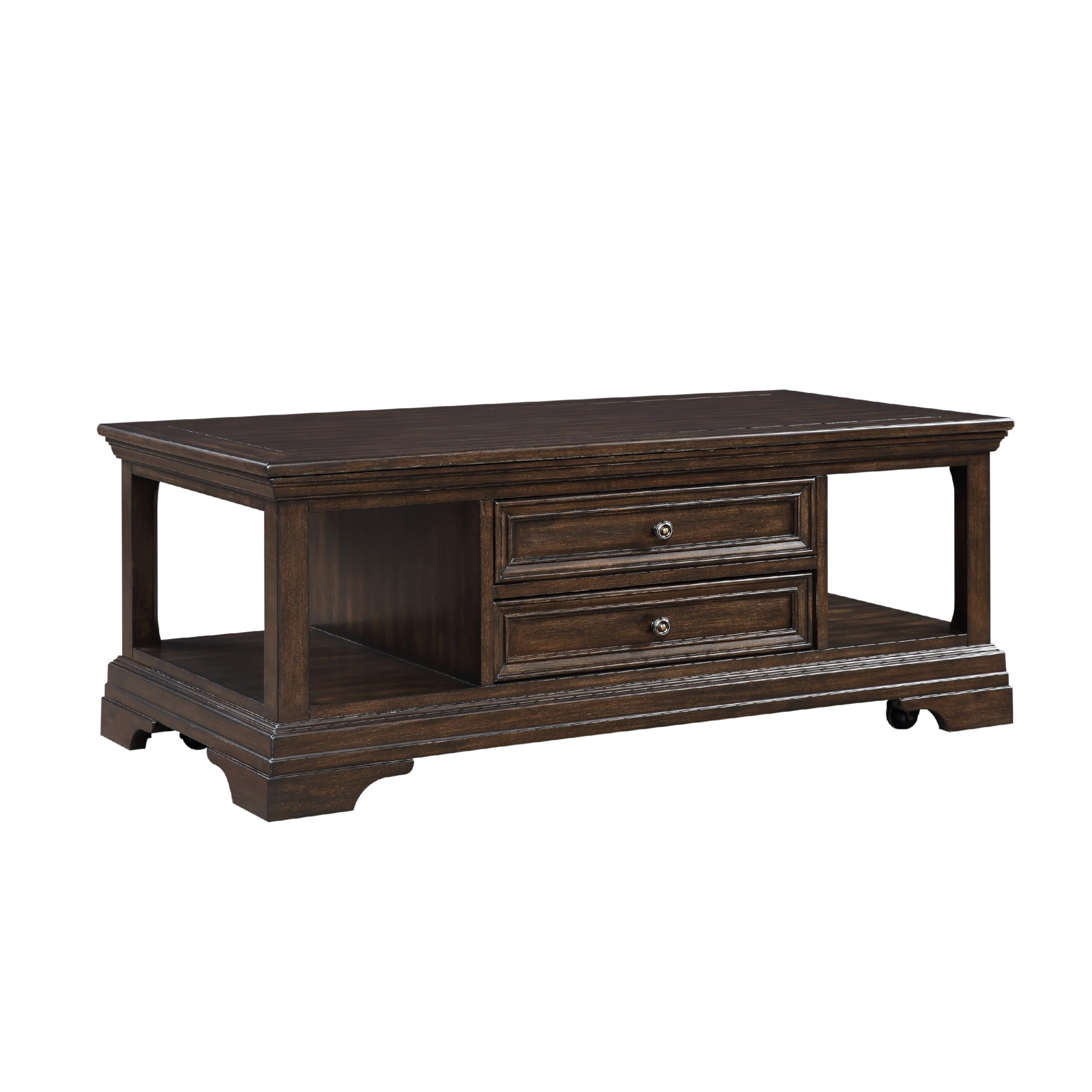 Tabby Lift-Top Coffee Table, Side Shelves and Caster Wheels, Brown