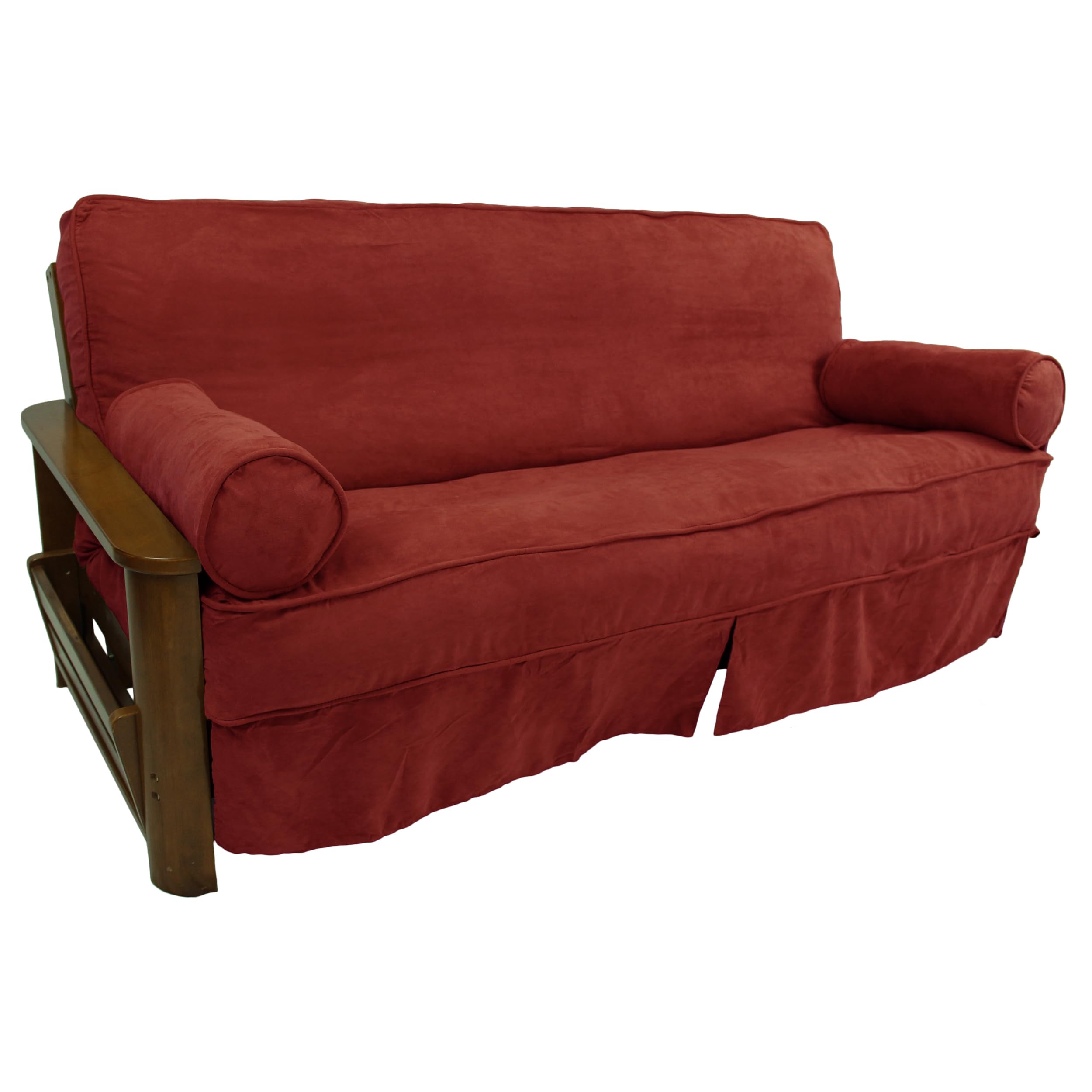 Solid Microsuede Double Corded 8 to 9-inch Full Futon Slipcover Set with Two 20 by 8-inch Bolster Pillows (Set of 3) - Red Wine