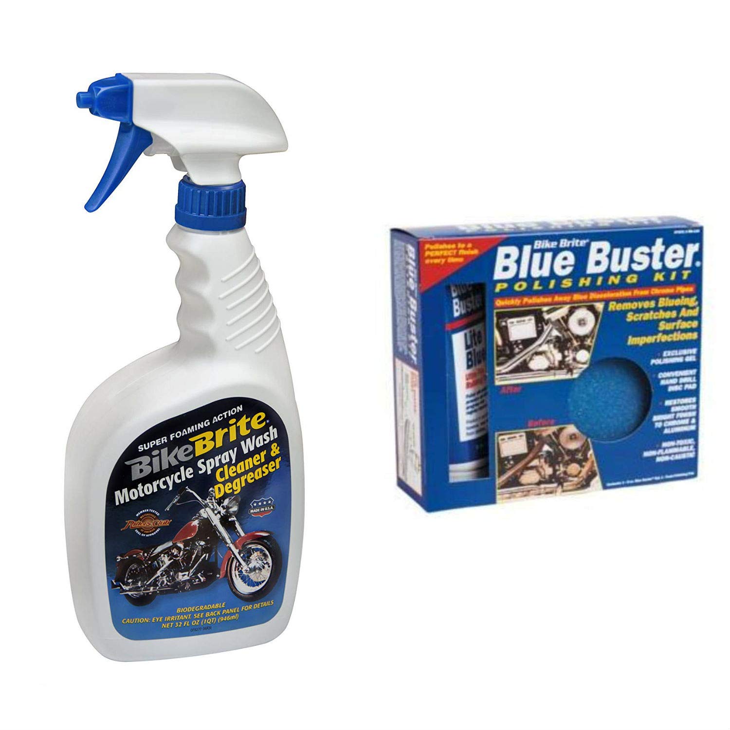Bike Brite Blue Motorcycle Spray Wash Cleaner and Degreaser - 32 fl. oz. and Blue Buster Polishing Kit