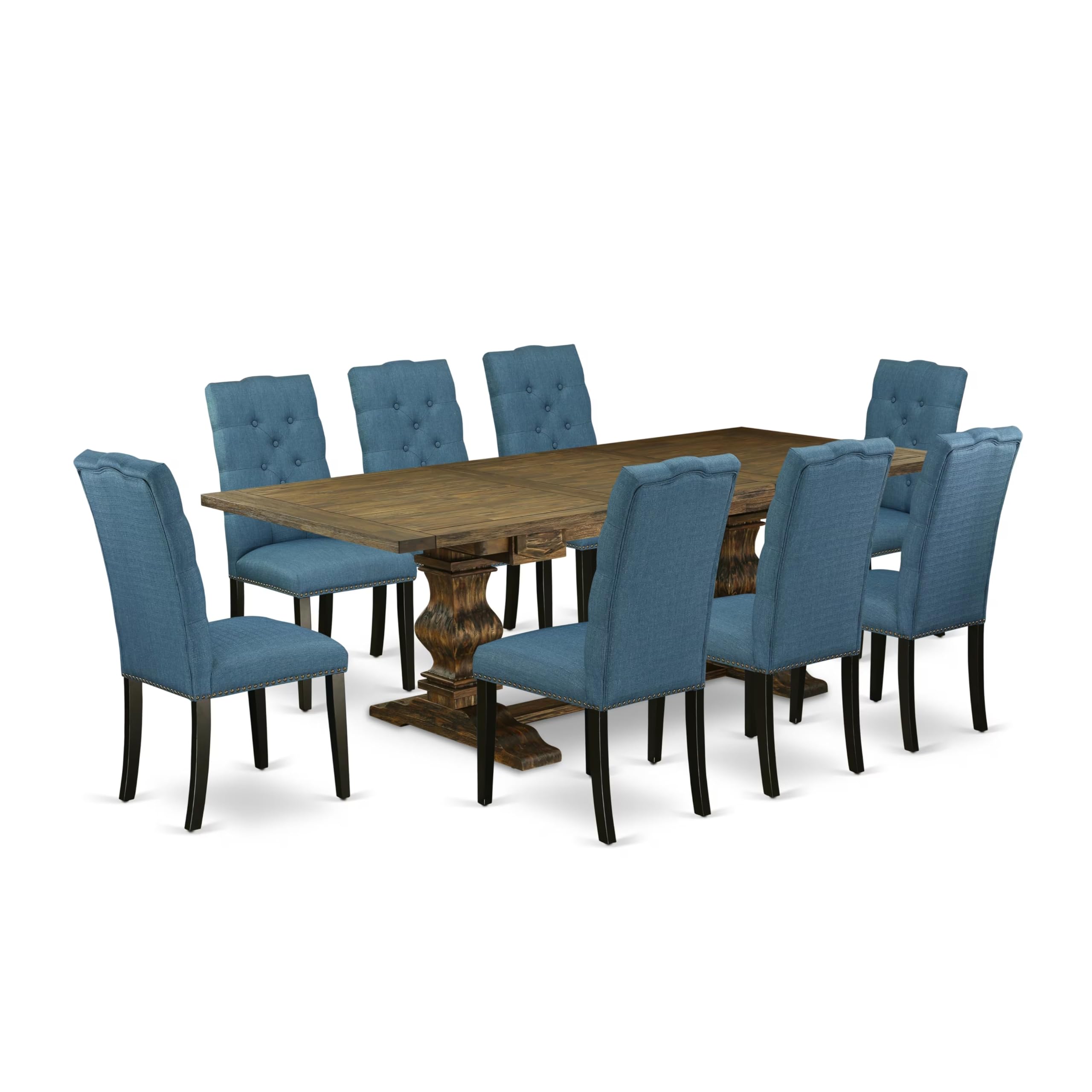 9-piece dining table set with Chairs Legs and Mineral Blue Linen Fabric
