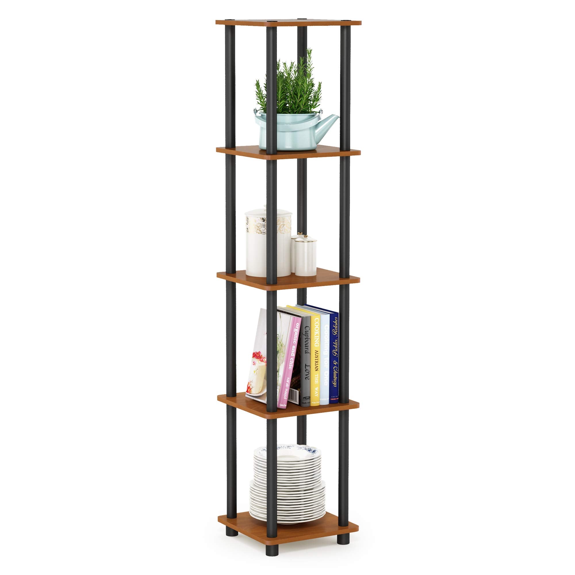 Furinno 99132LC/BK Turn-N-Tube 5-Tier Corner Square Rack Display Shelf, Light Cherry/Black