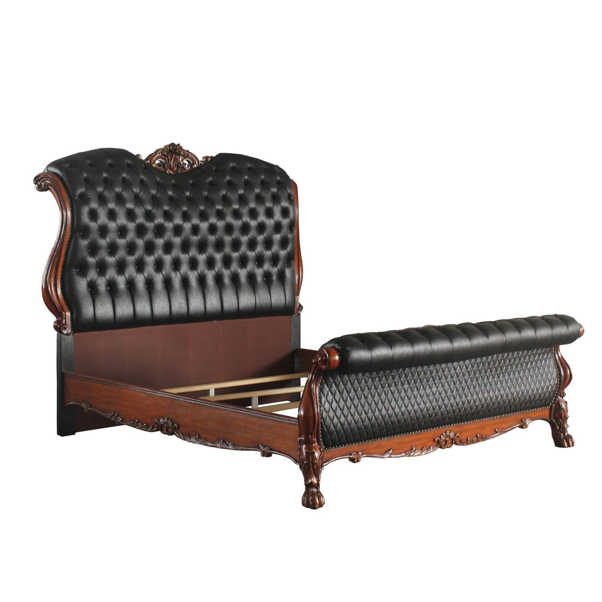 Sleigh Rolled Design Leatherette Queen Size Bed with Claw Legs, Black