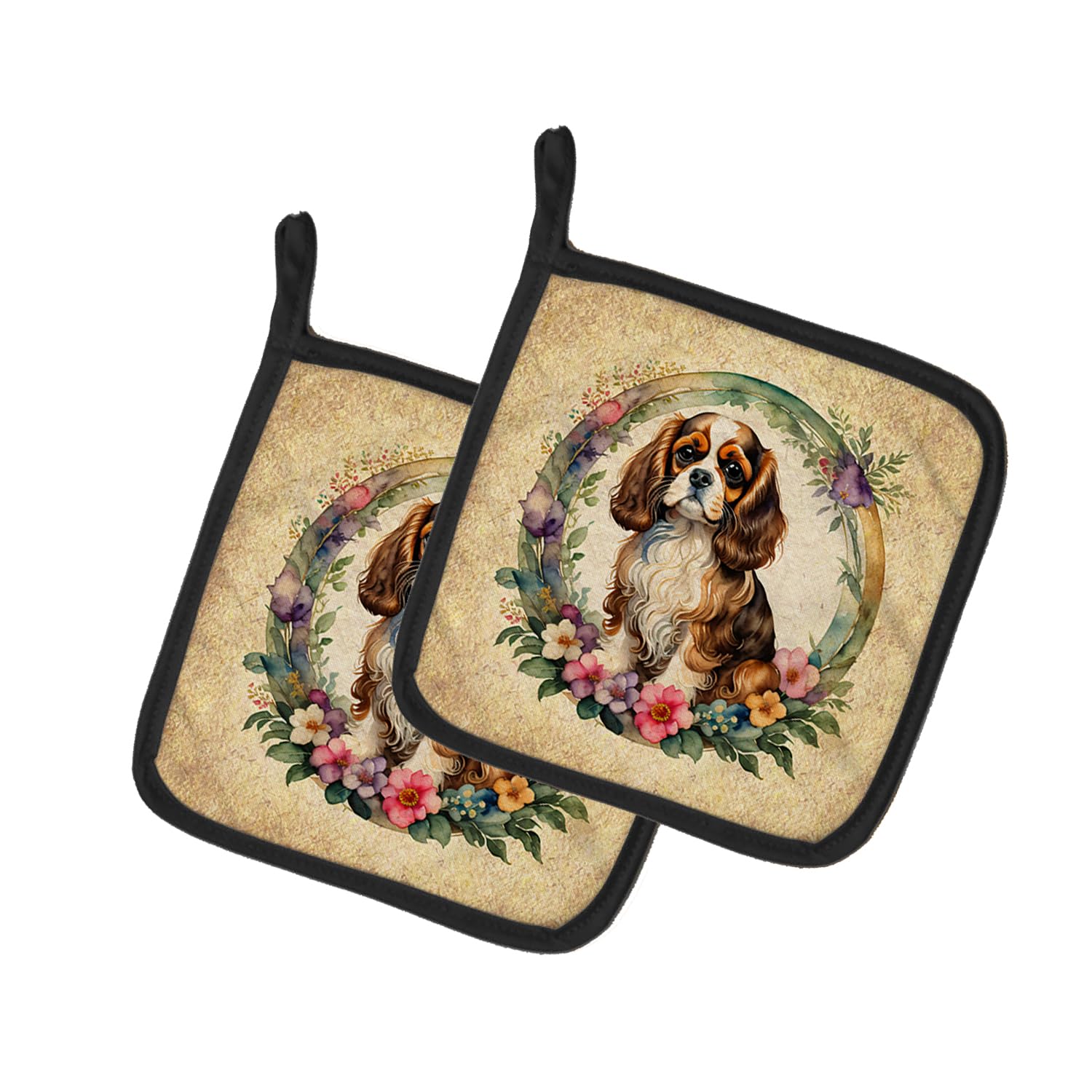 Cavalier Spaniel and Flowers Pair of Pot Holders