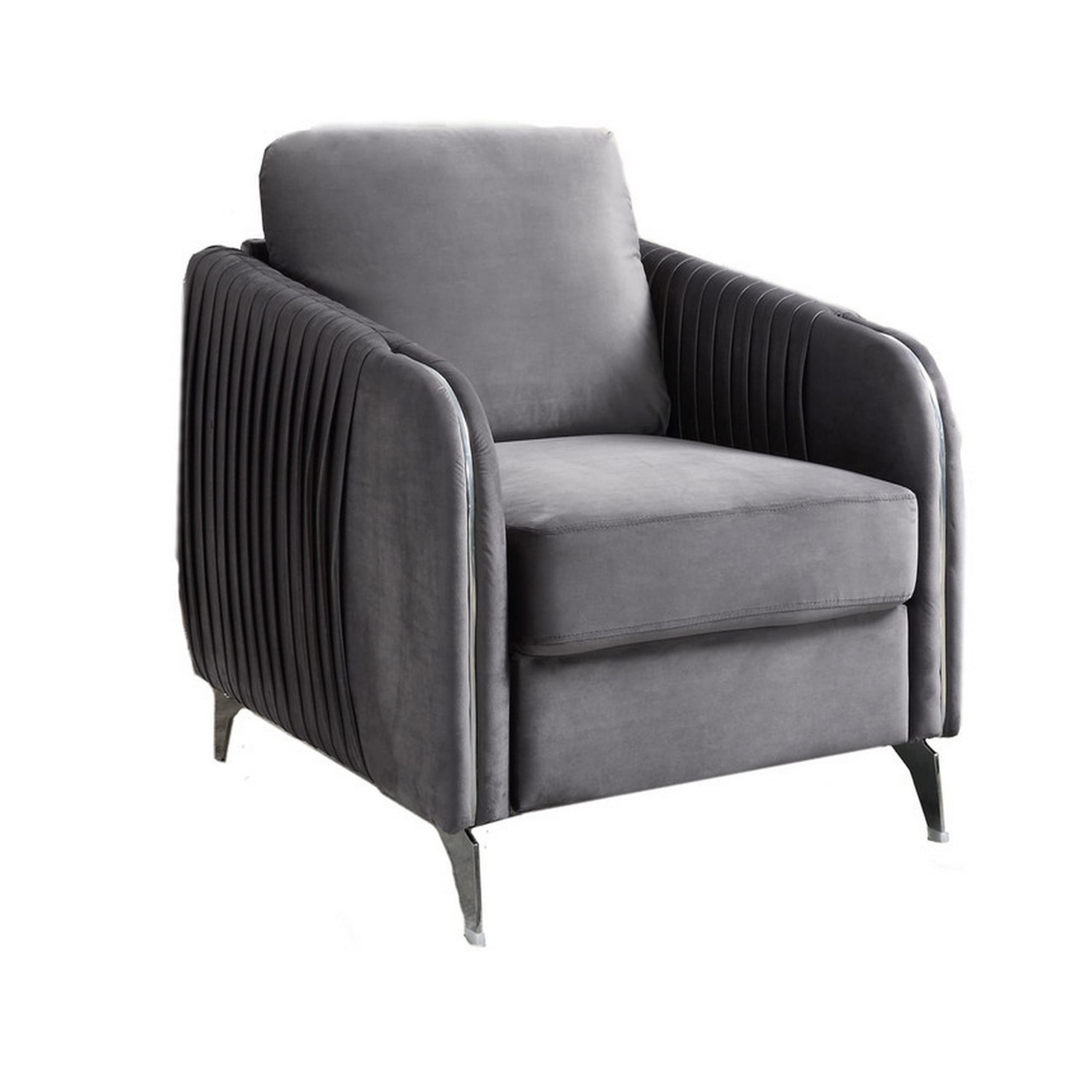 Leah 32 Inch Modern Accent Armchair, Vertical Quilted Design, Gray Velvet
