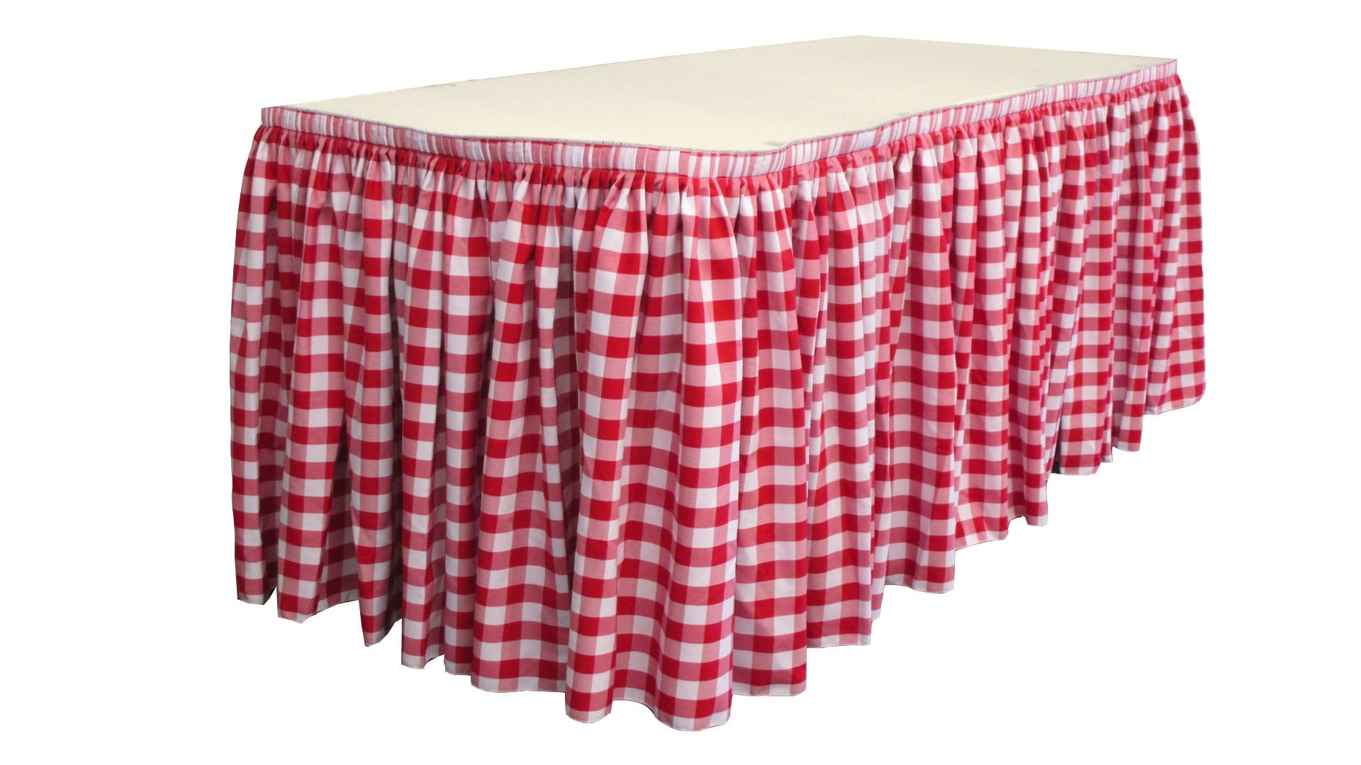 LA Linen Polyester Gingham Checkered Table Skirt 21-Foot by 29-Inch Long with 15 L-Clips, White and Red