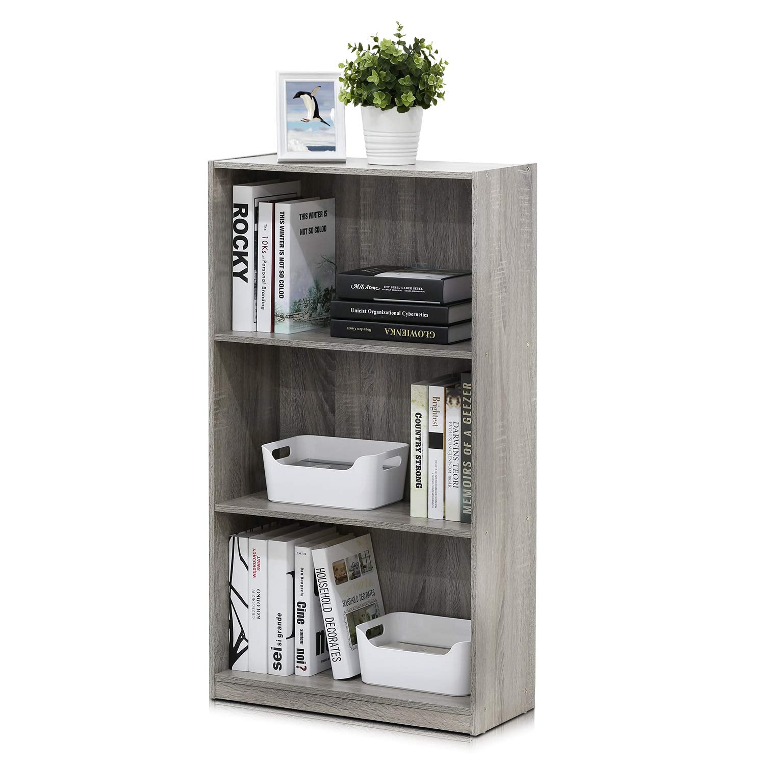Furinno 99736GYW Basic 3-Tier Bookcase Storage Shelves, French Oak Grey