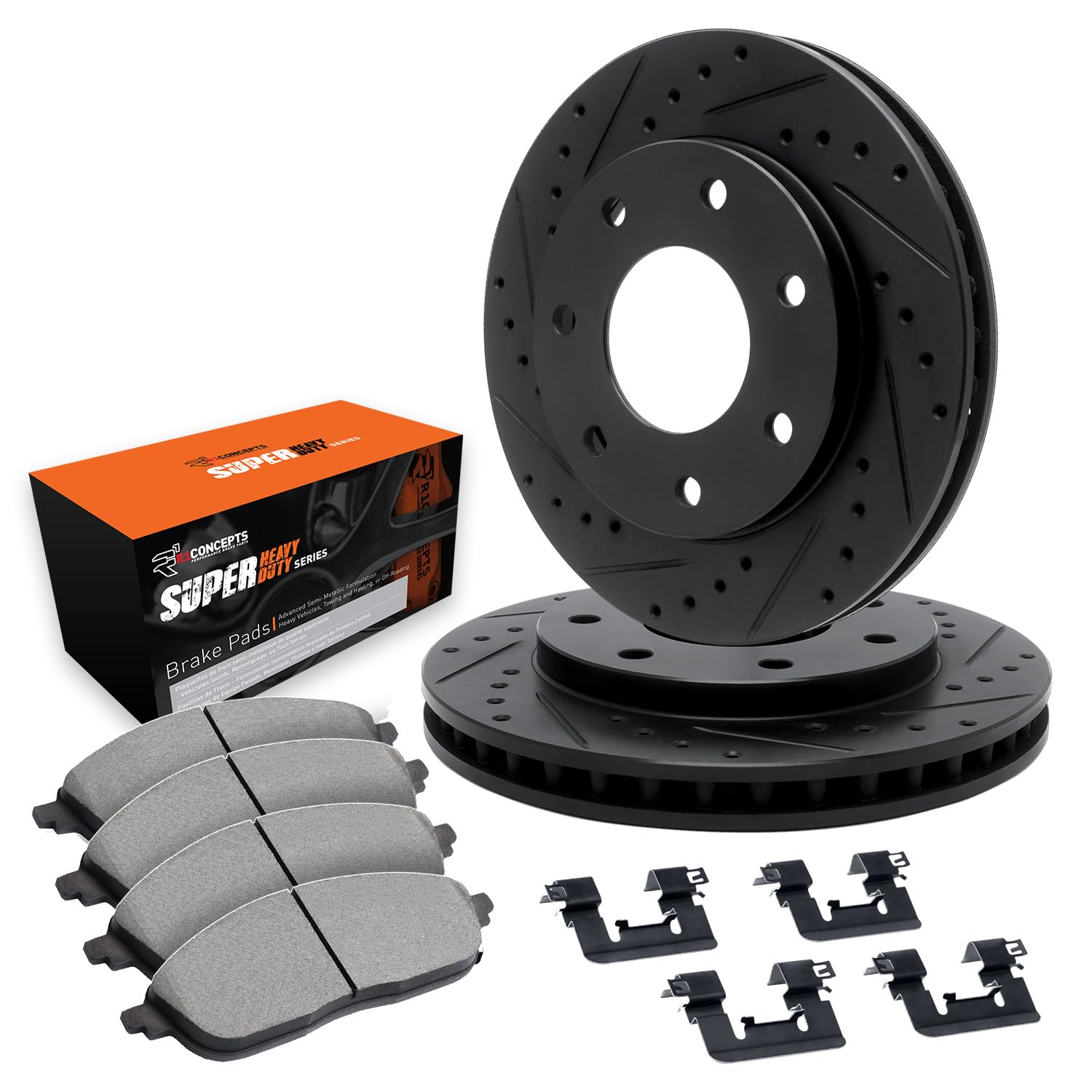 R1 Concepts Drilled and Slotted Black Disc Brake Rotor Set with Super Duty Pads and Hardware WHXH1-99141