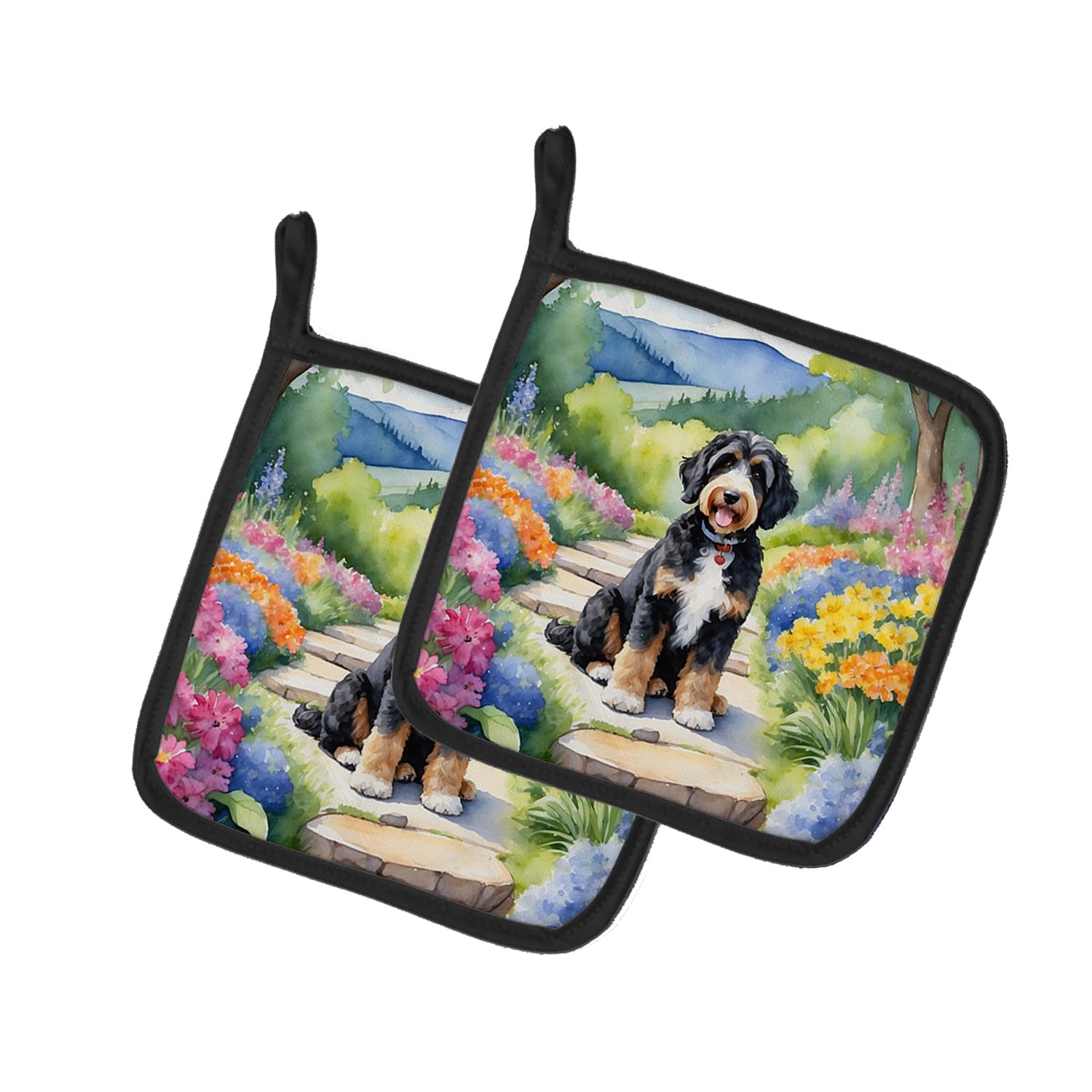 Bernedoodle Spring Path Pair of Pot Holders