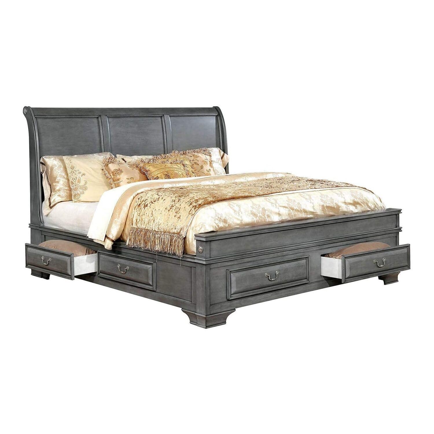Benjara Transitional California King Wooden Bed With Multiple Bottom Drawers, Gray