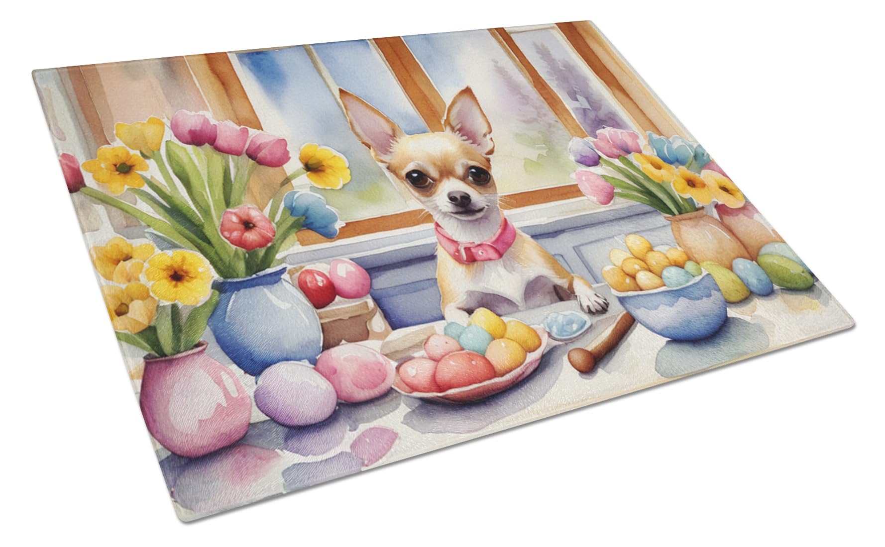 Carolines Treasures DAC6789LCB Decorating Easter Chihuahua Glass Cutting Board Decorative Tempered Glass Kitchen Cutting and Serving Board Large Size Chopping Board