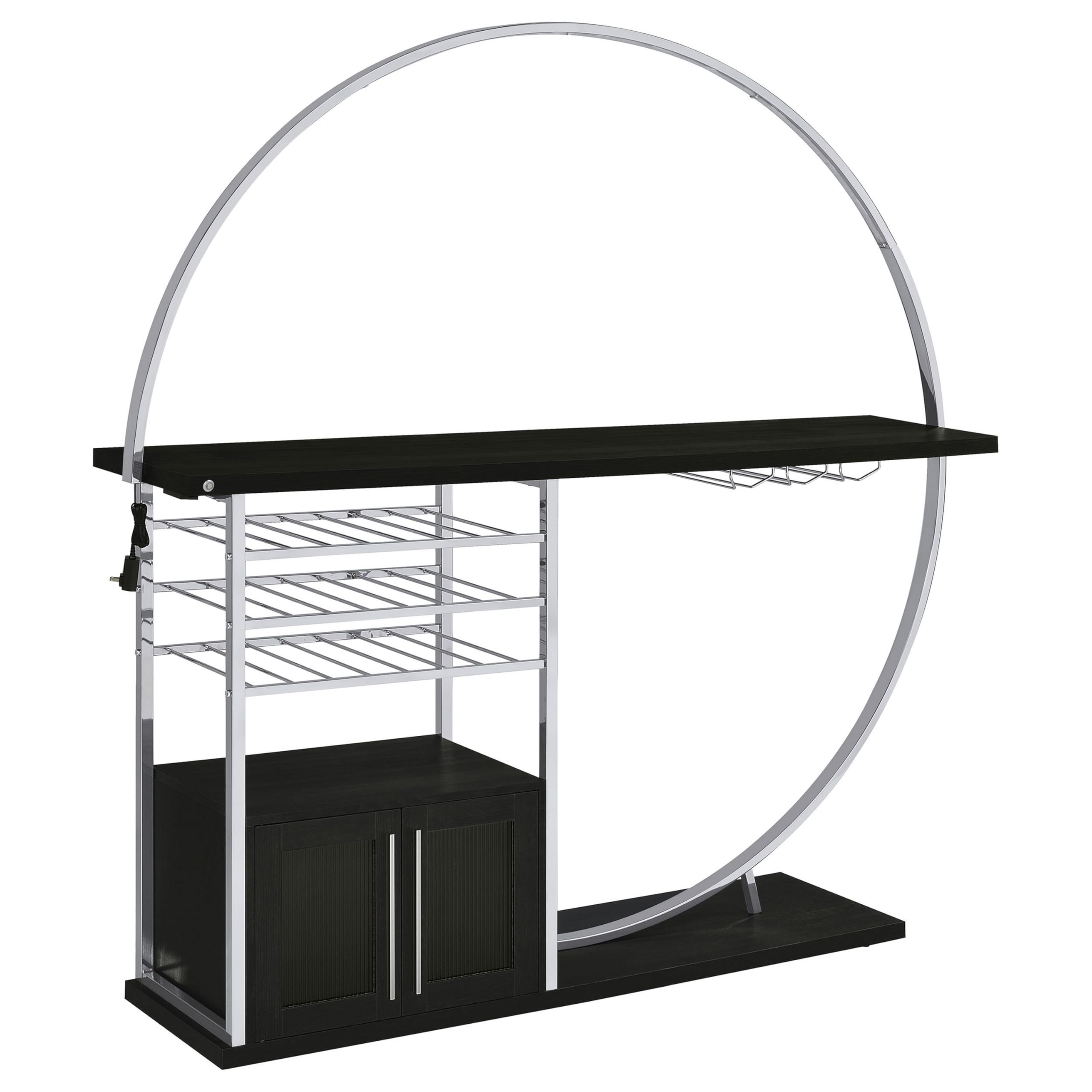 Riya Home Bar Table, LED Light, Cabinets, Wine Storage, Black, Chrome Metal