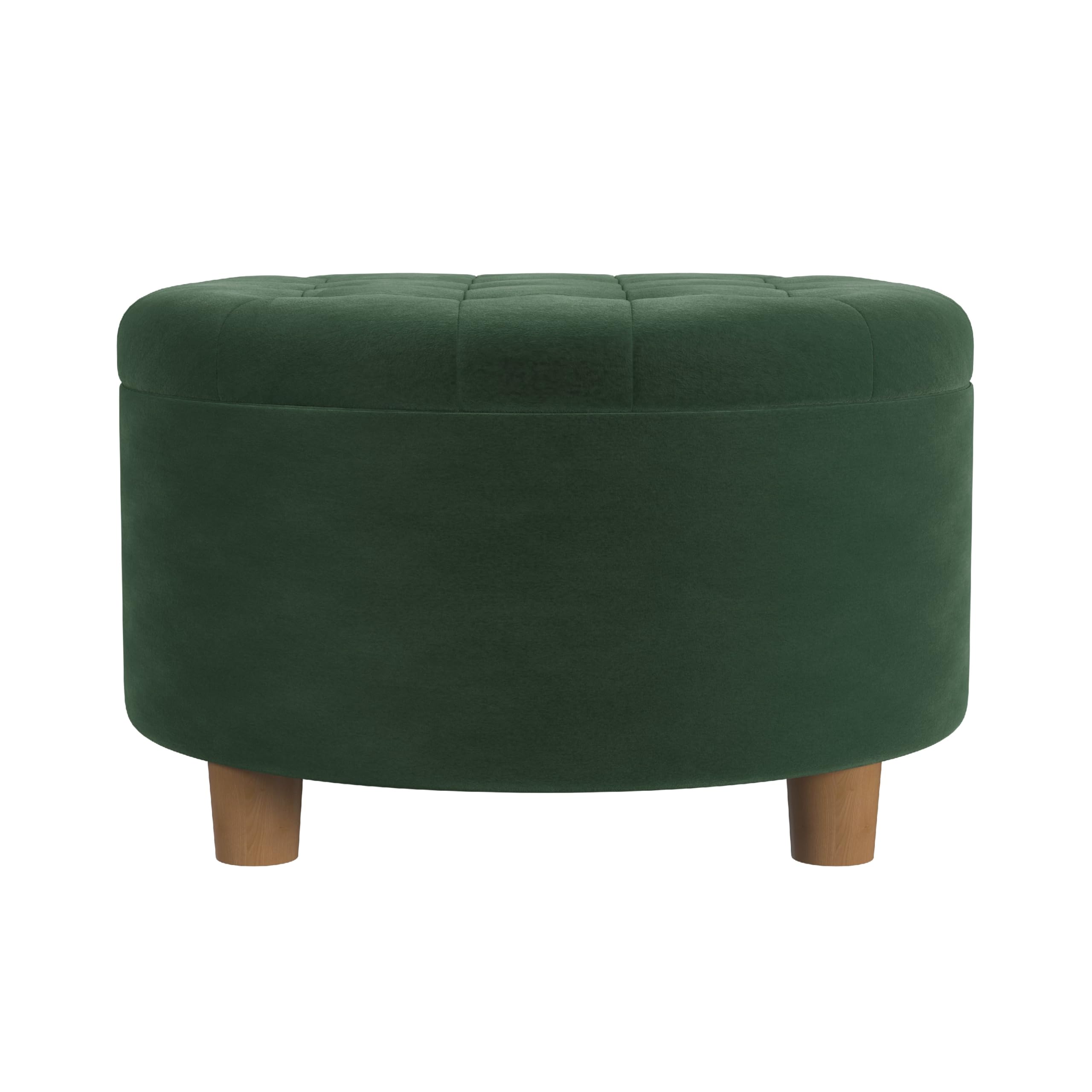 Jo Storage Ottoman, 28 Inch Round Tufted Lift Top, Olive Green Velvet