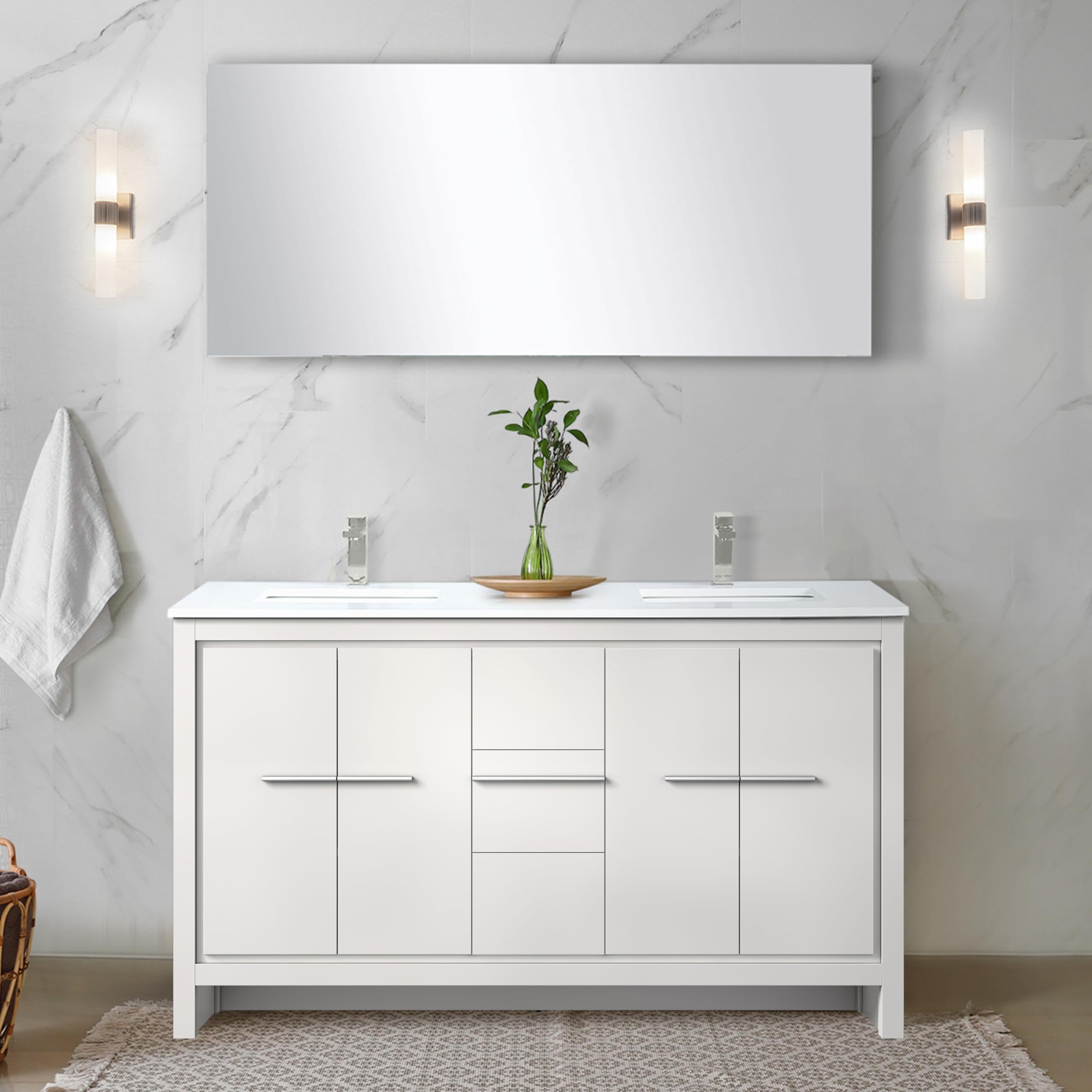 White Double Bath Vanity 60 in. W x 20 in. D, with Cultured Marble Top
