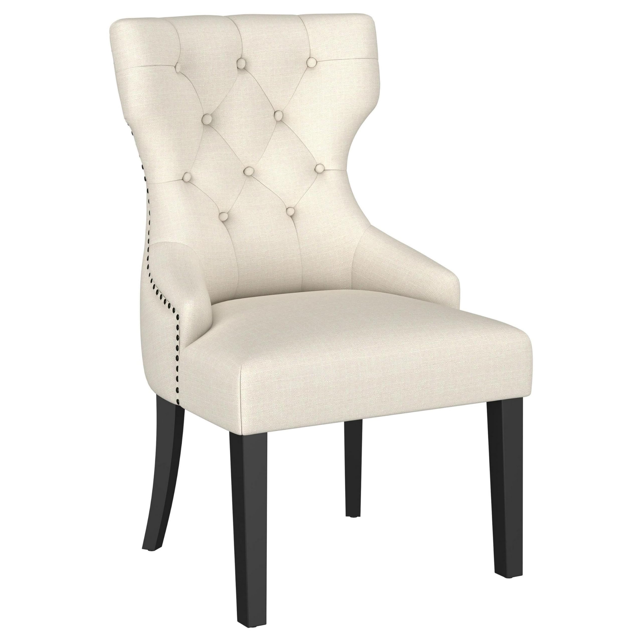Aney Dining Side Chair, Curved Barrel Design, Beige Fabric, Black Wood