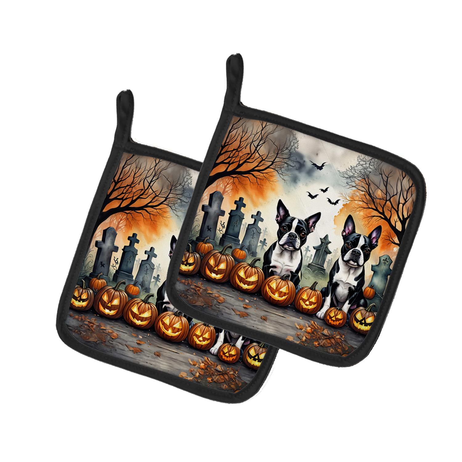 Boston Terrier Spooky Halloween Pair of Pot Holders