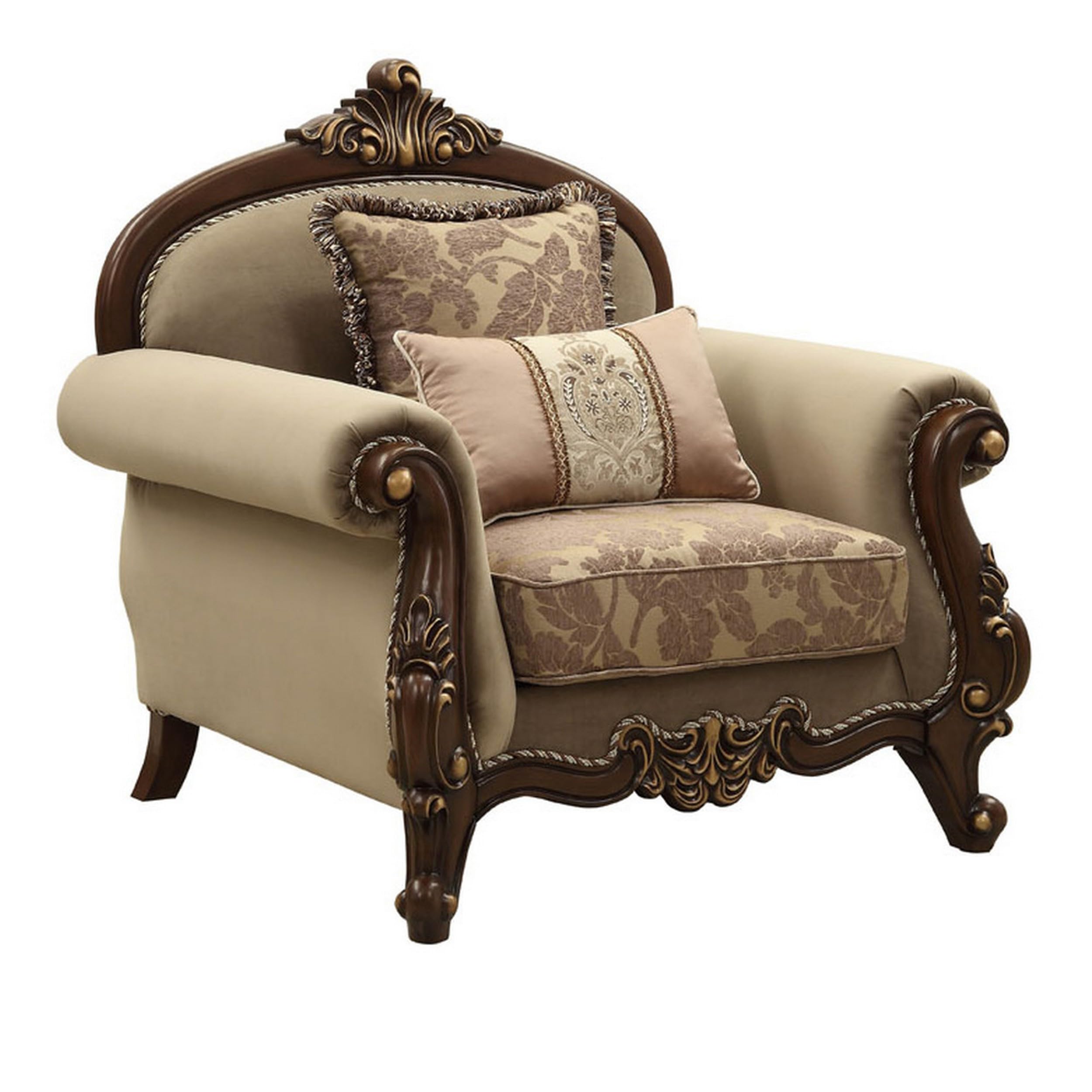 Velvet Upholstery Chair With Two Pillows & Arched Backrest, Dark Walnut