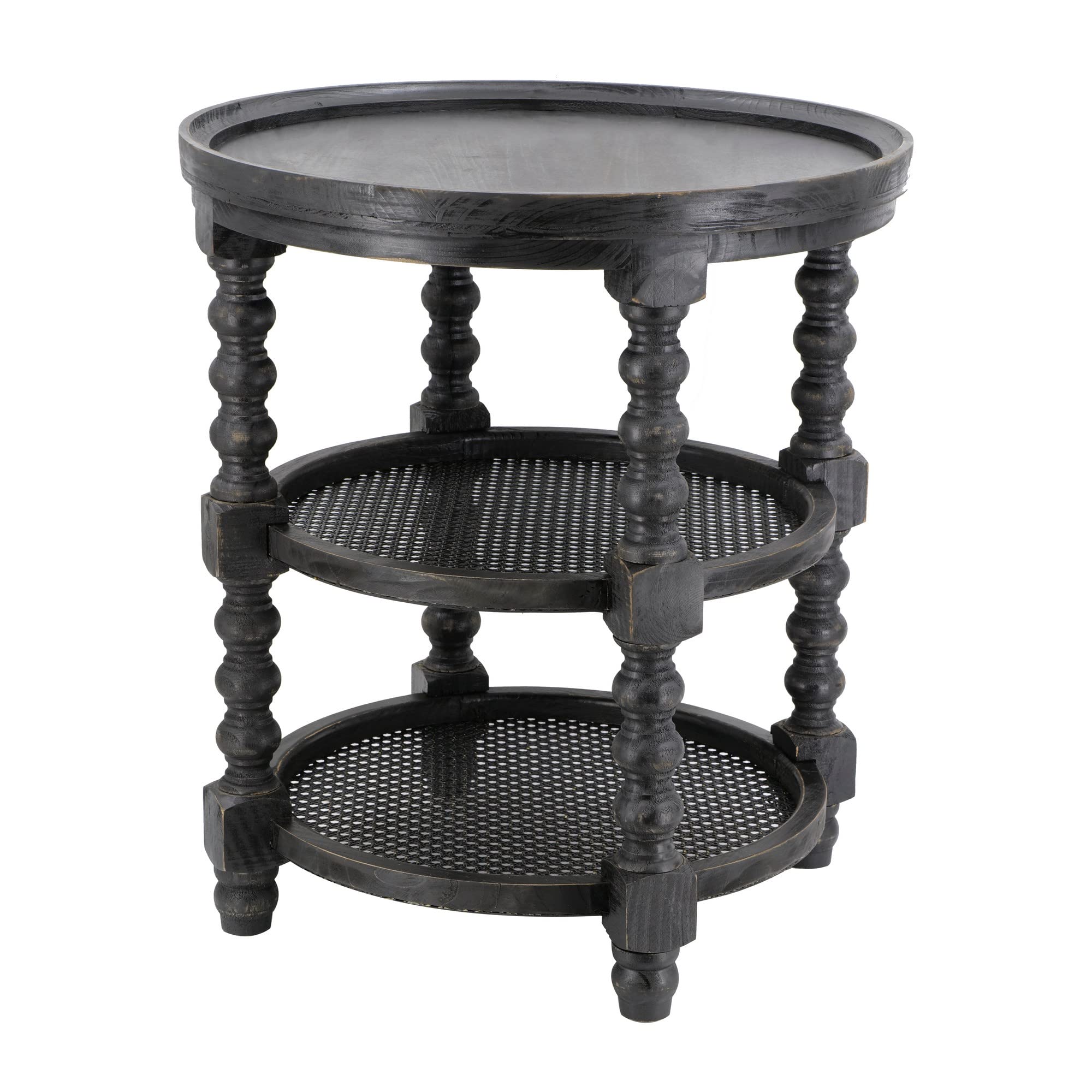 Jake 25 Inch 3 Tier Side Table, Fir Wood, 2 Woven Wicker Shelves, Black