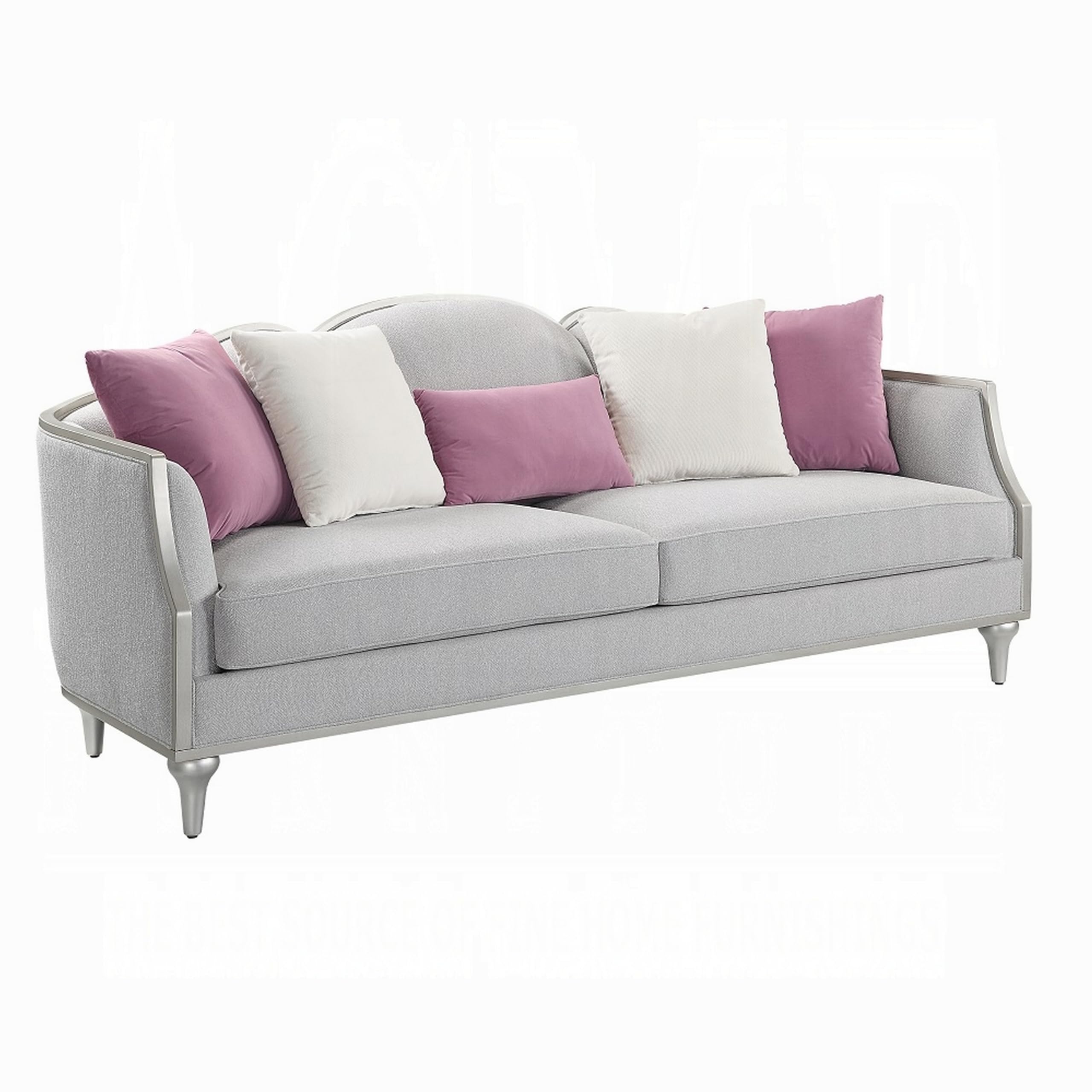 Kyna Sofa with 5 Pillows, 94 Inch, Champagne Wood Trim and Beige Linen