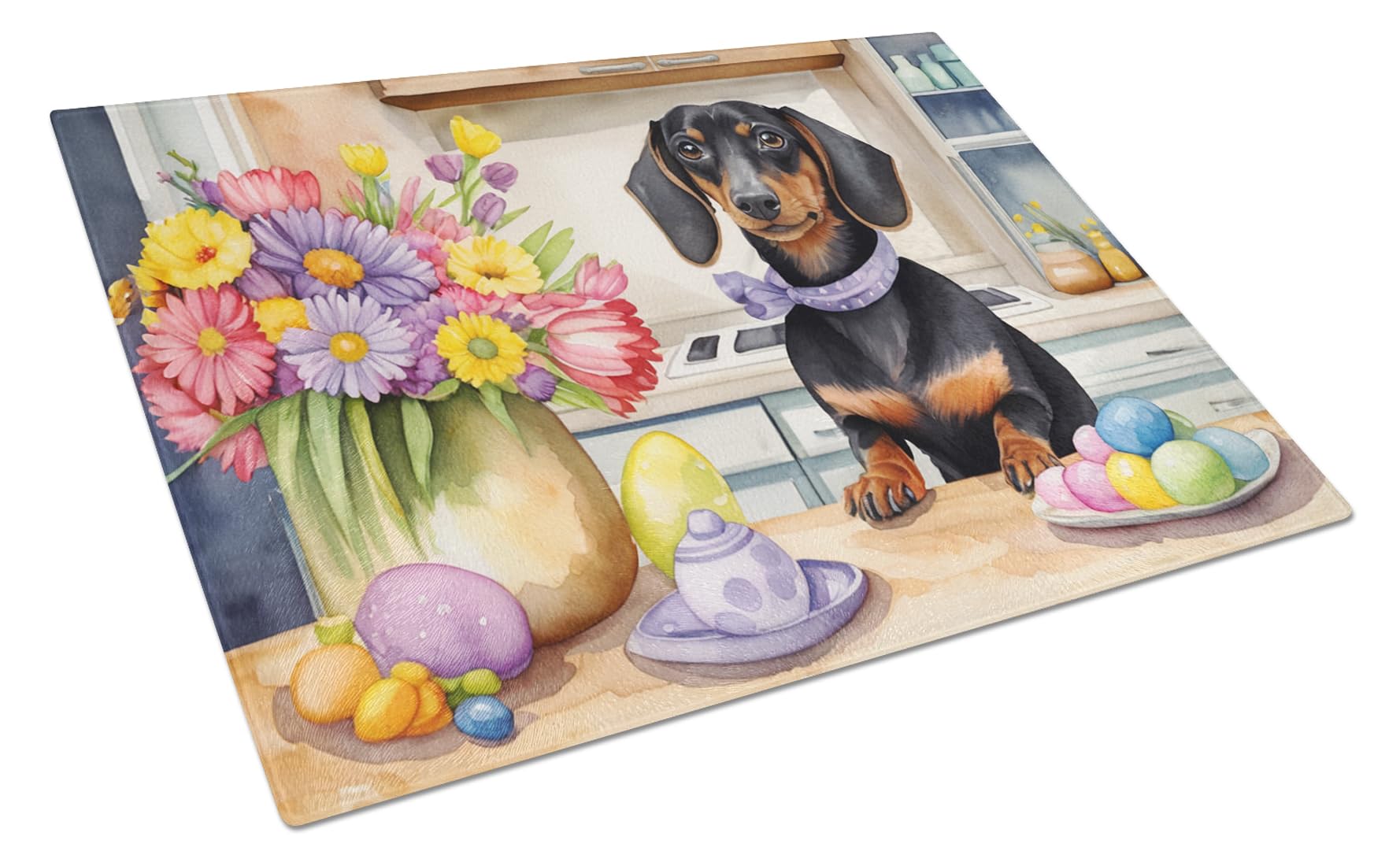 Carolines Treasures DAC6800LCB Decorating Easter Dachshund Glass Cutting Board Decorative Tempered Glass Kitchen Cutting and Serving Board Large Size Chopping Board