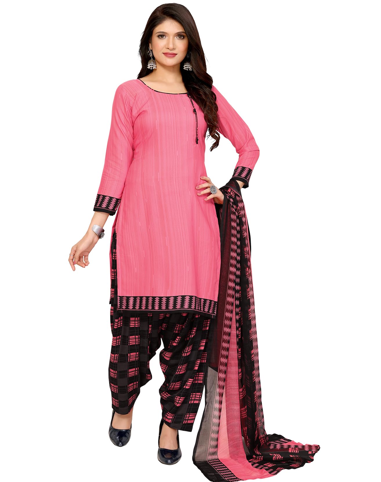 Yashika Women's Printed Dress Material - Unstitched Crepe Fabric Kurti, Pants & Dupatta Set (AZ-YS-P1-NILU PINK), Customizable Length